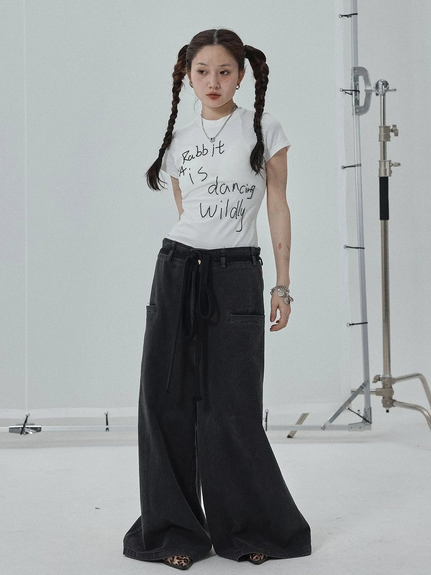 Rabbit Embroidered Cotton Tee with Bead Detail