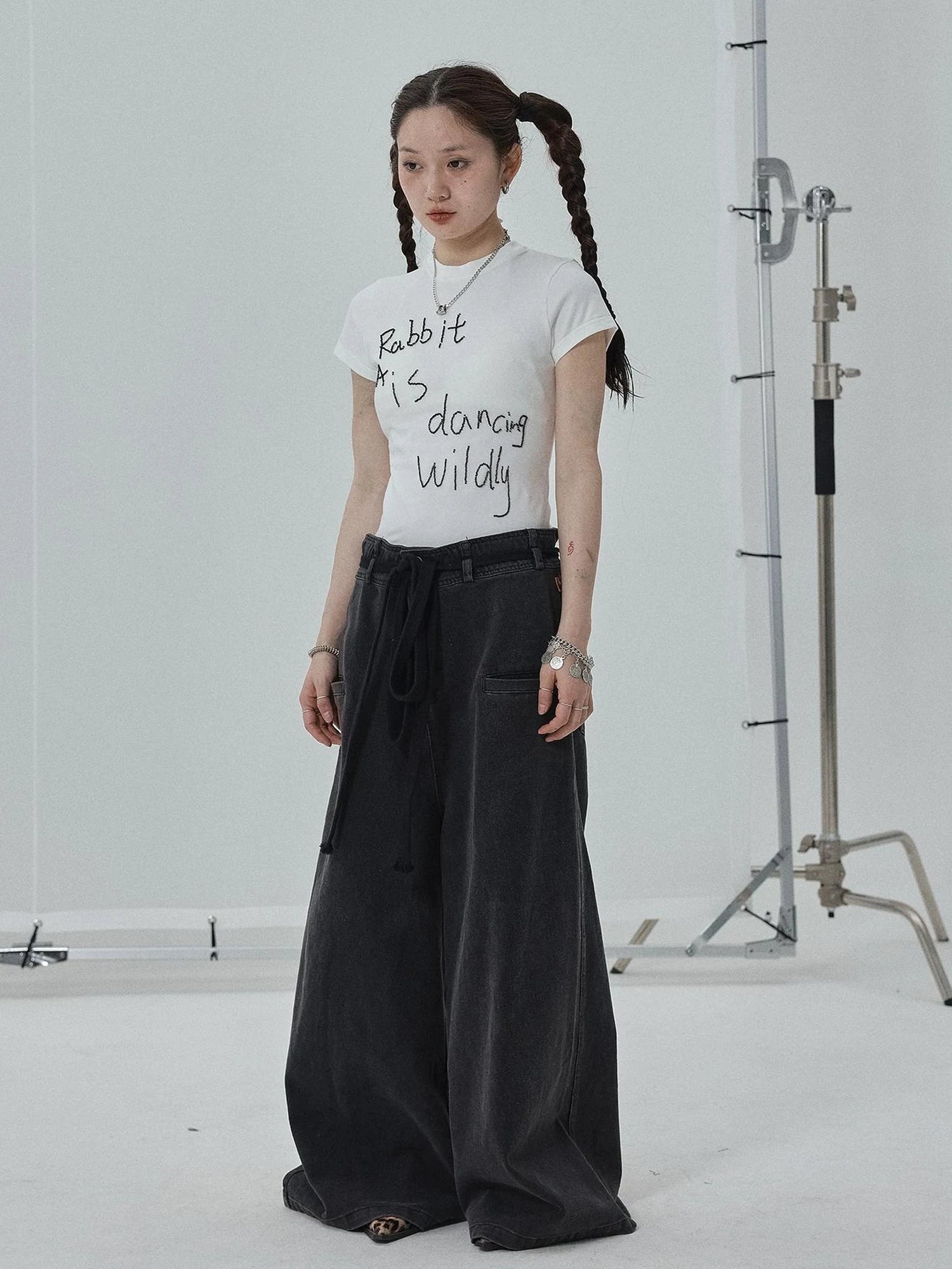 Rabbit Embroidered Cotton Tee with Bead Detail