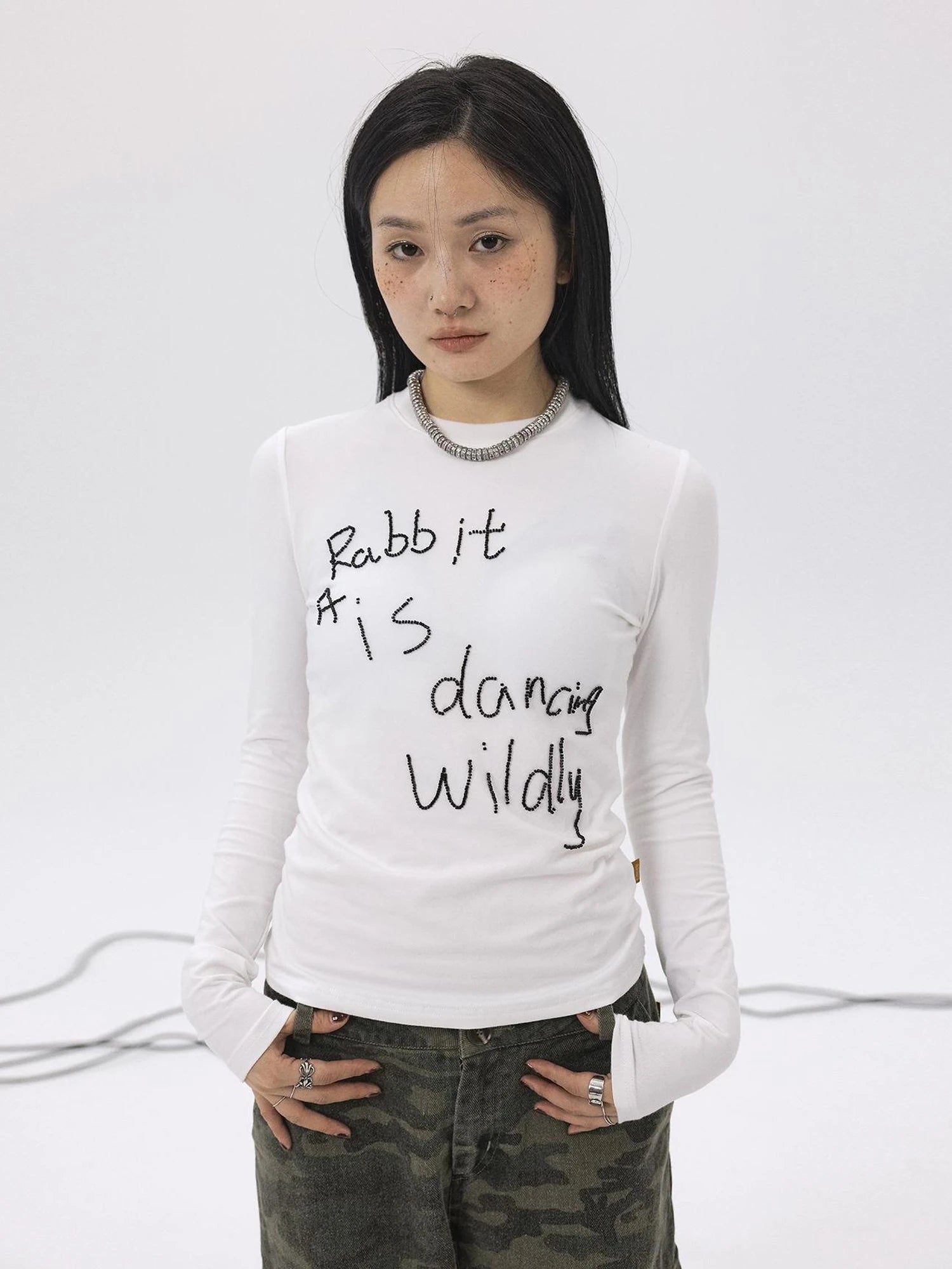 Rabbit Embroidered Cotton Tee with Bead Detail