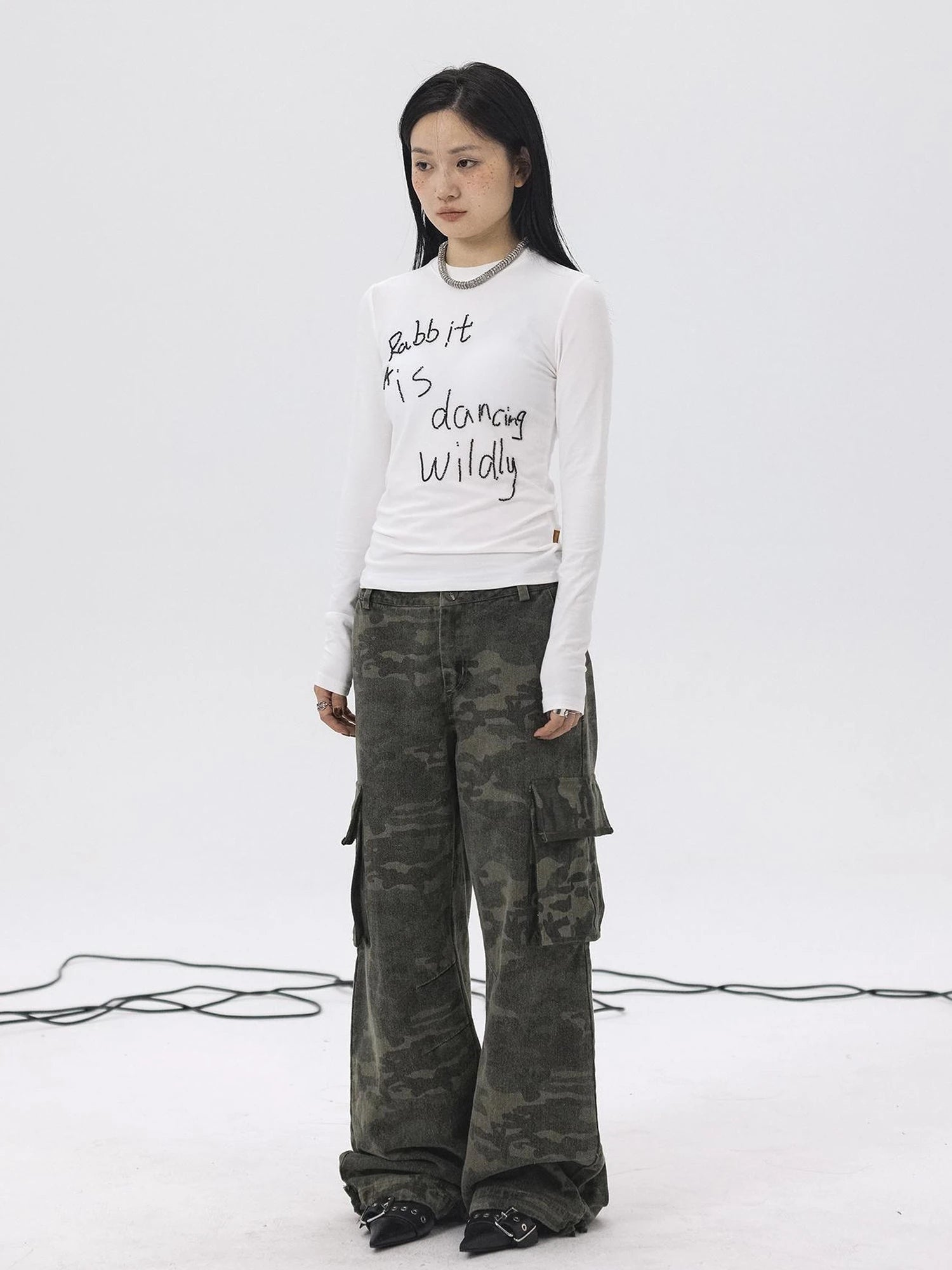Rabbit Embroidered Cotton Tee with Bead Detail