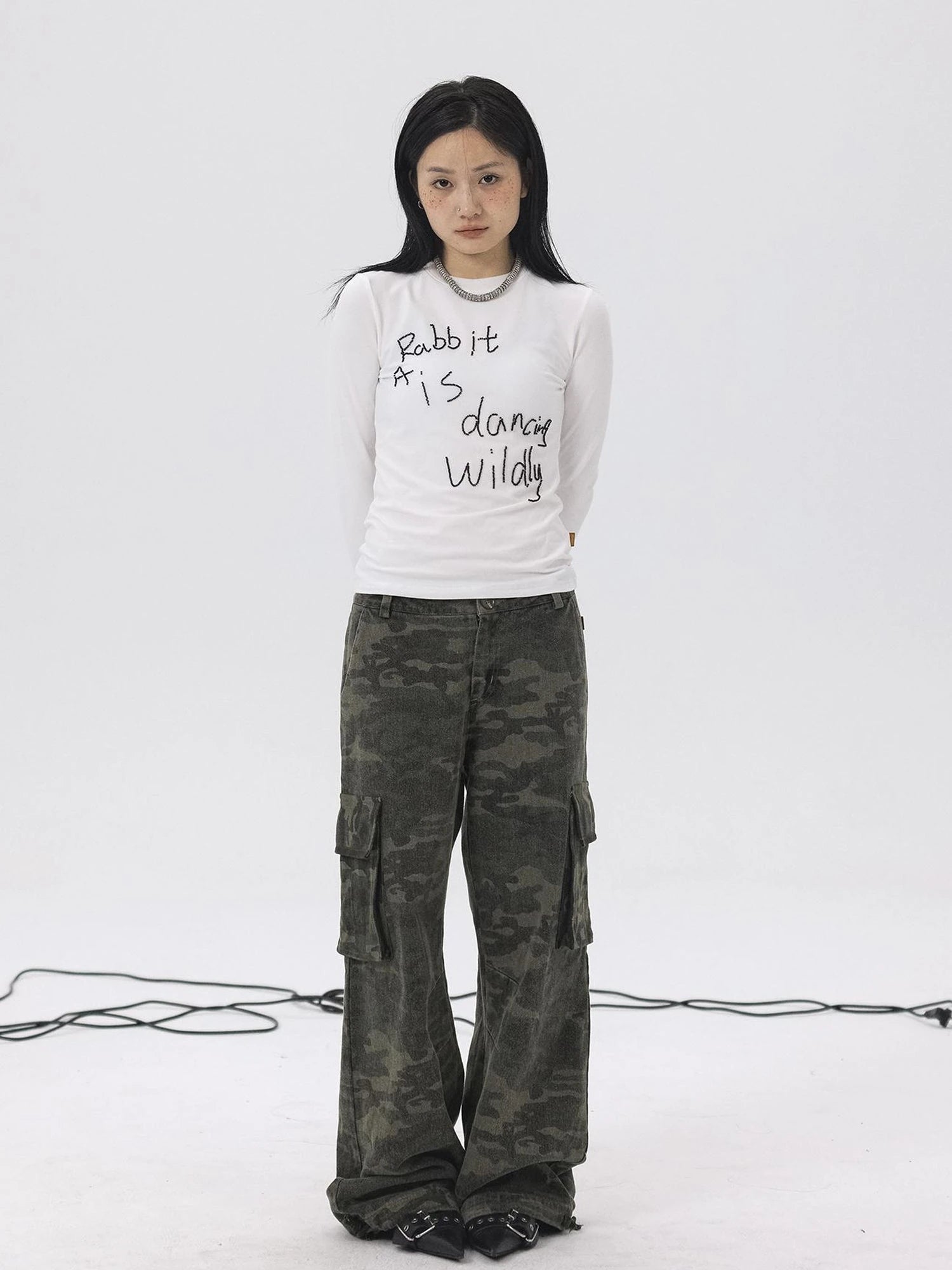 Rabbit Embroidered Cotton Tee with Bead Detail