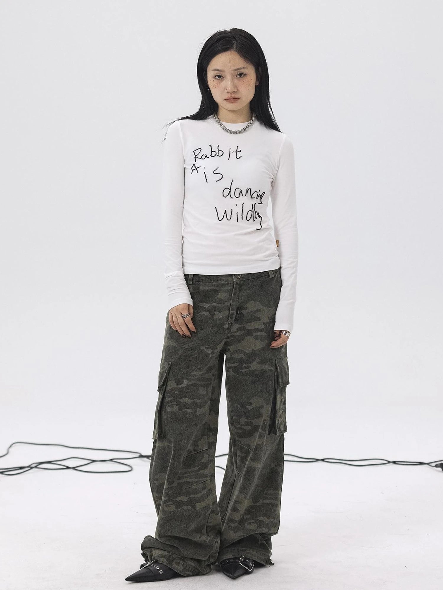 Rabbit Embroidered Cotton Tee with Bead Detail