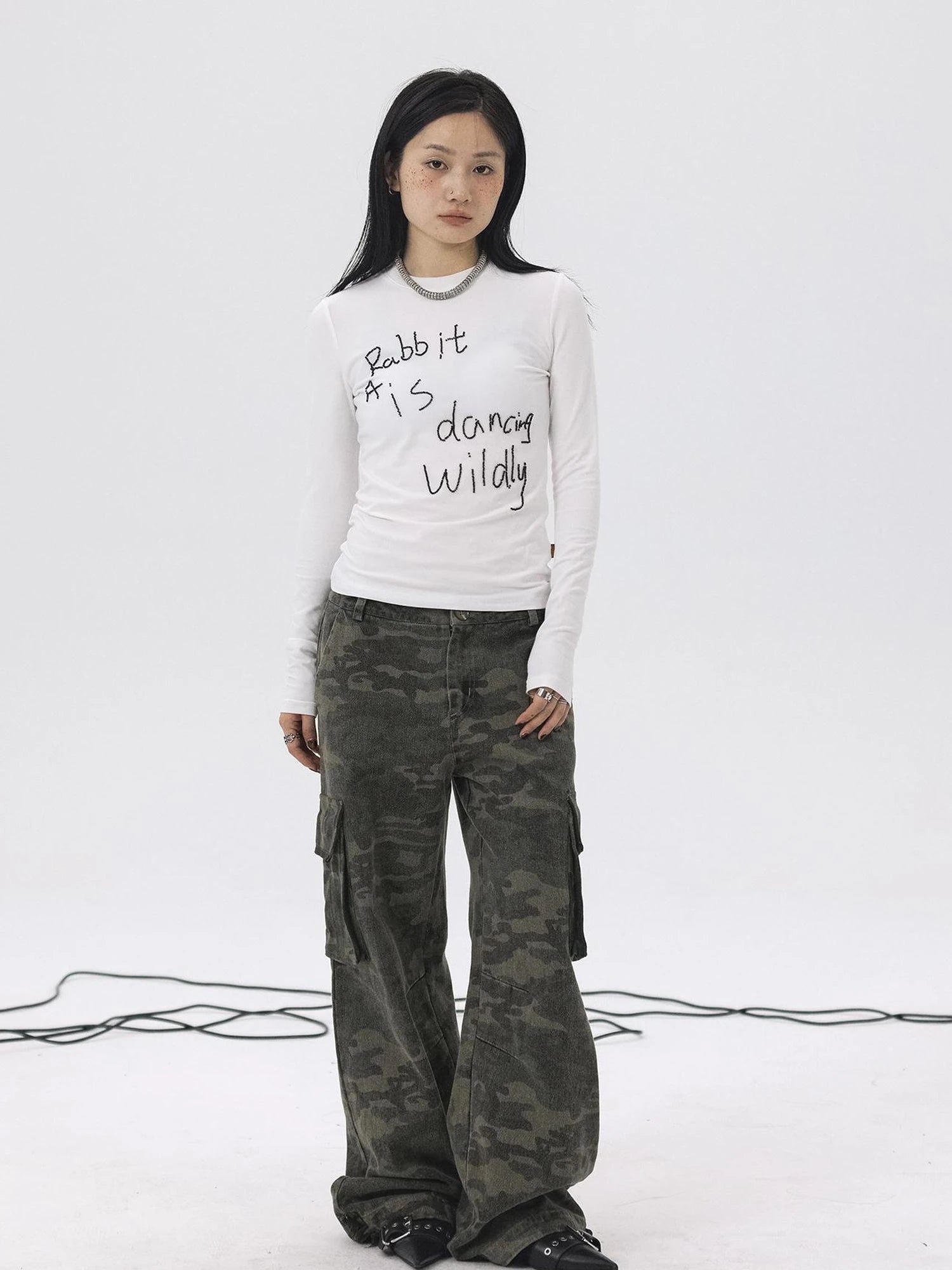 Rabbit Embroidered Cotton Tee with Bead Detail