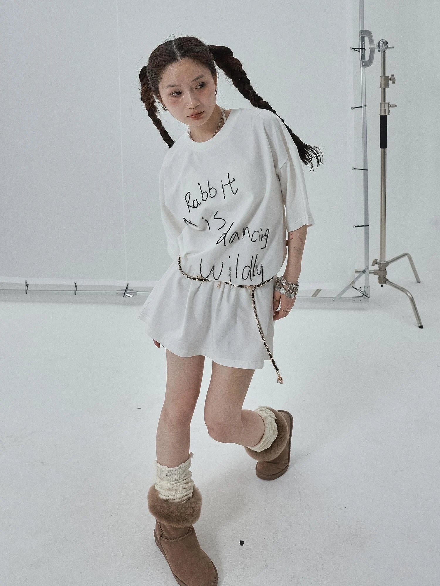 Rabbit Embroidered Cotton Tee with Bead Detail