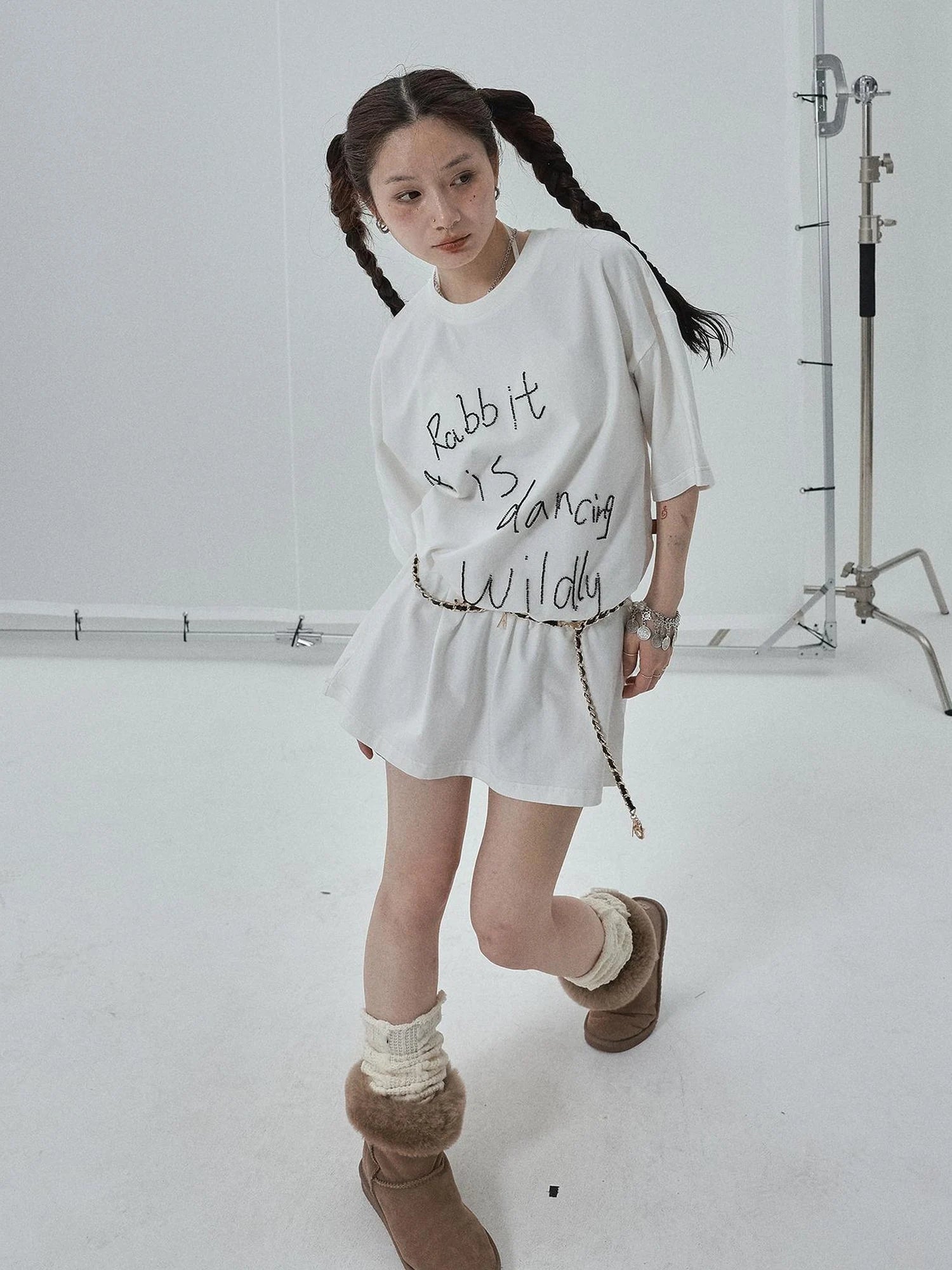 Rabbit Embroidered Cotton Tee with Bead Detail