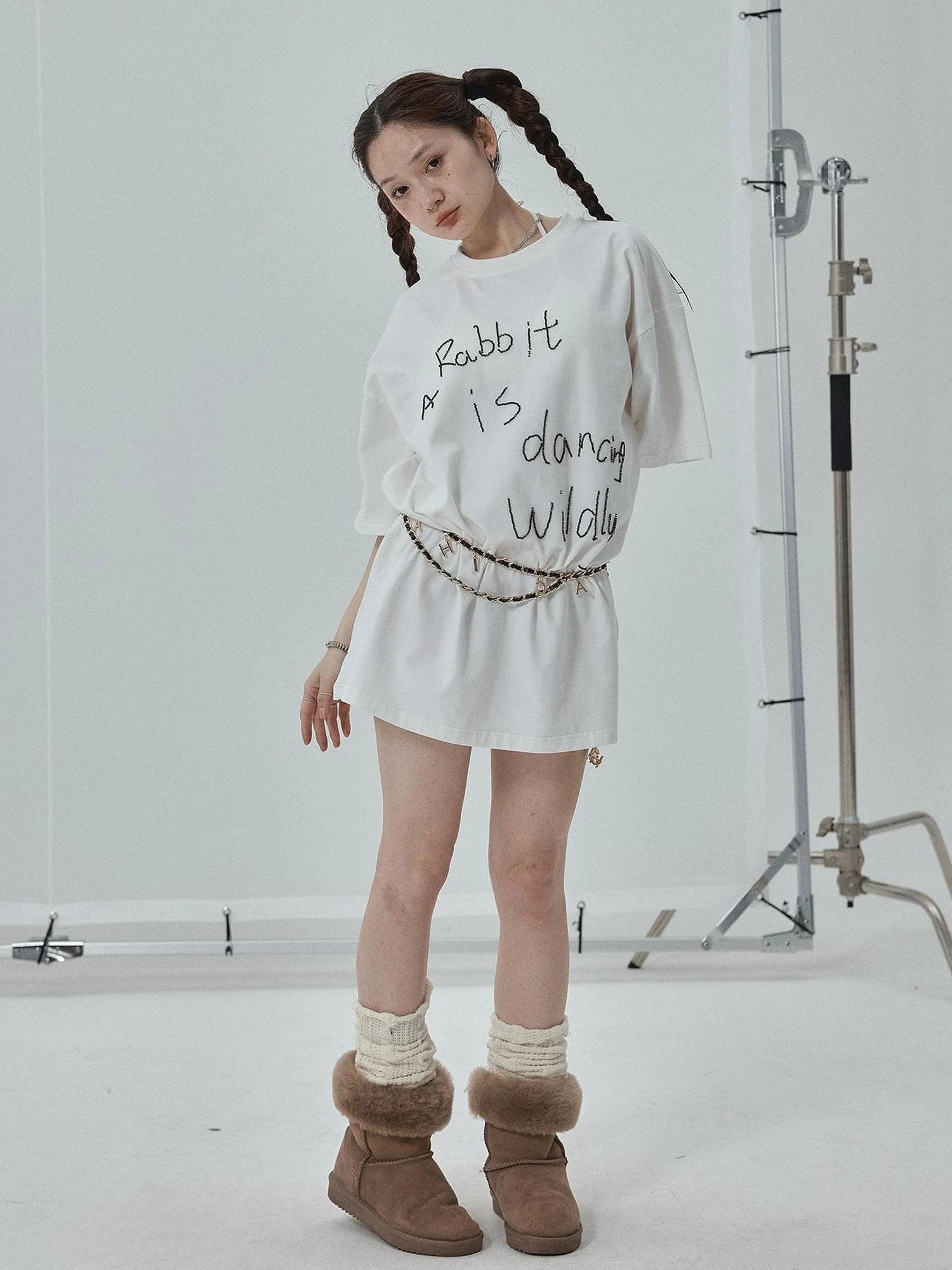 Rabbit Embroidered Cotton Tee with Bead Detail