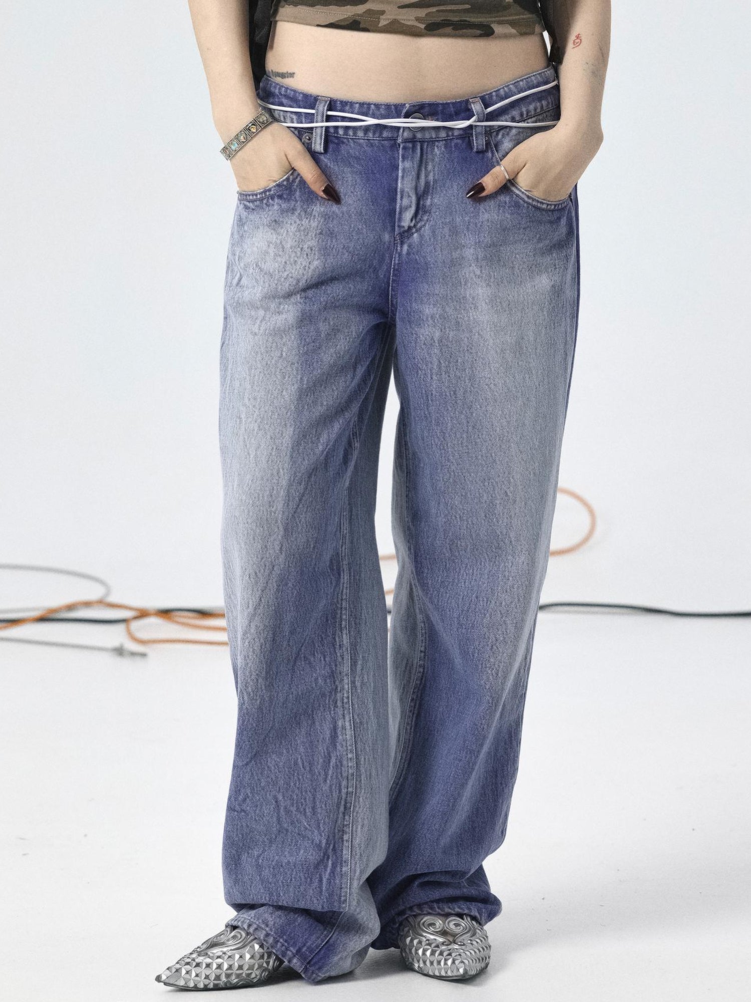 Achihara Radish Ice Washed High-Waist Wide-Leg Jeans