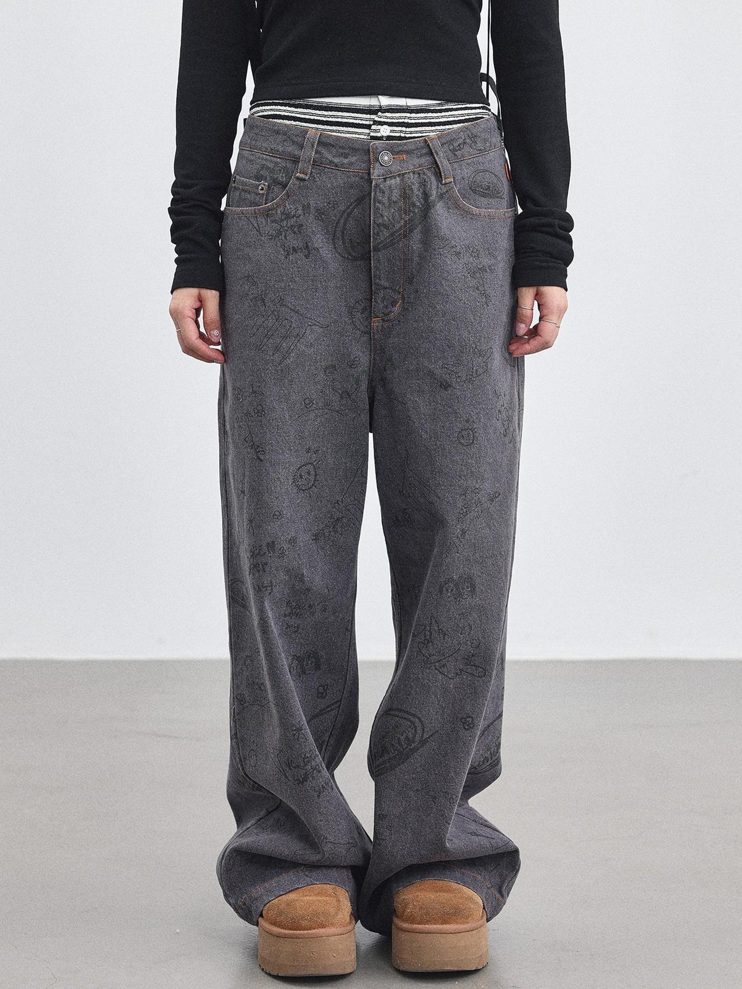 Achihara Relaxed Graffiti Jeans With Vintage Wash