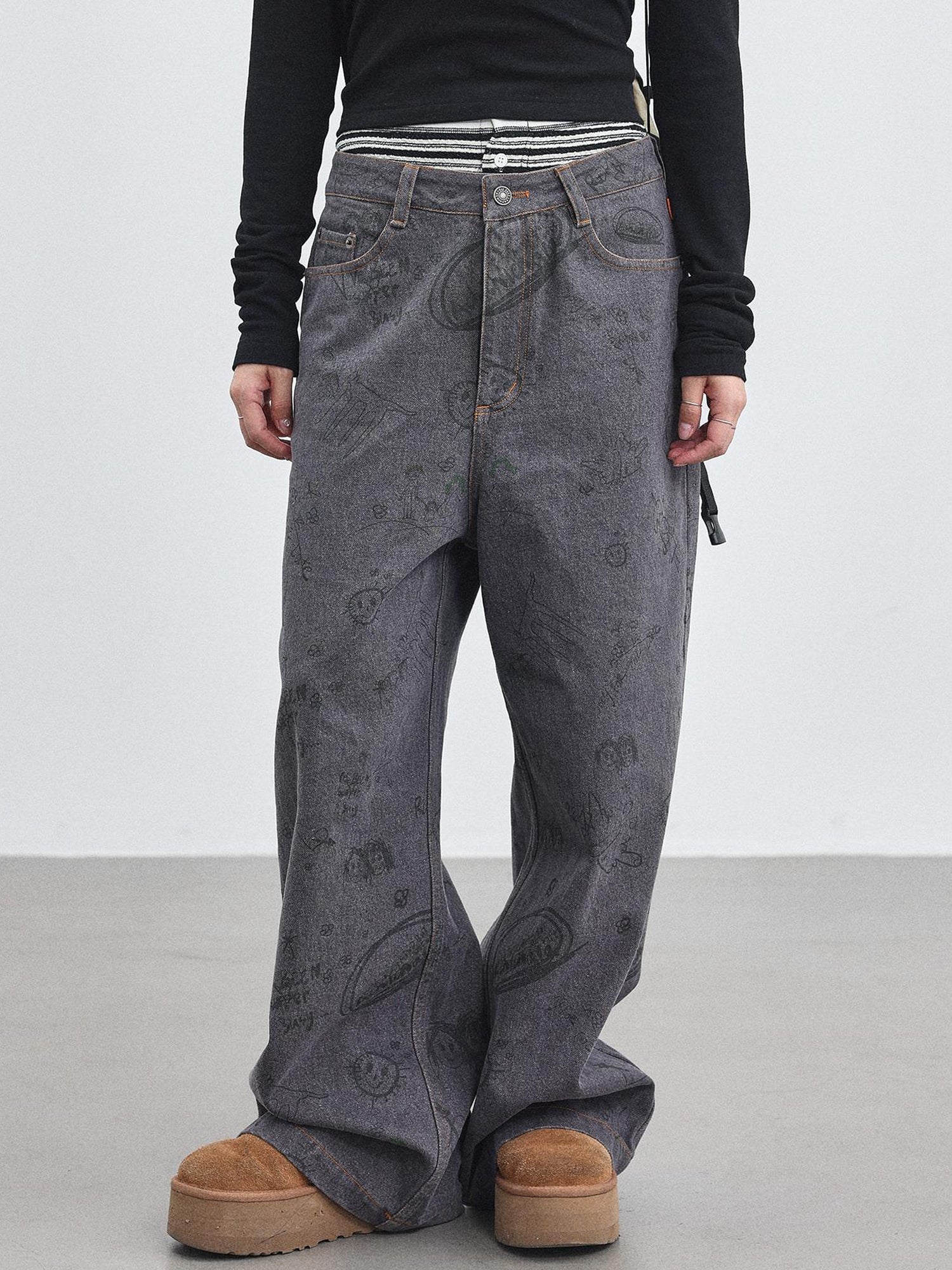 Achihara Relaxed Graffiti Jeans With Vintage Wash