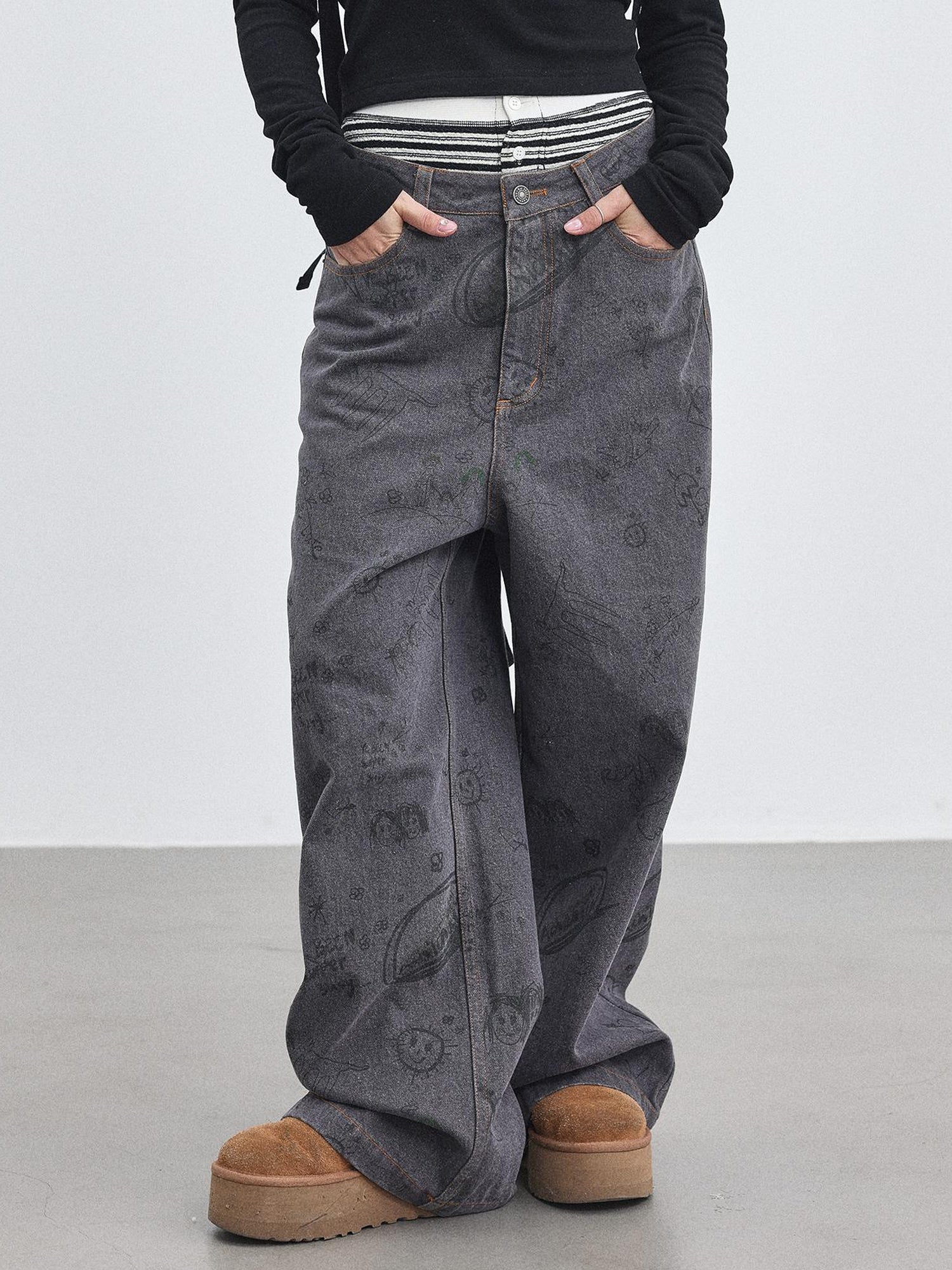 Achihara Relaxed Graffiti Jeans With Vintage Wash