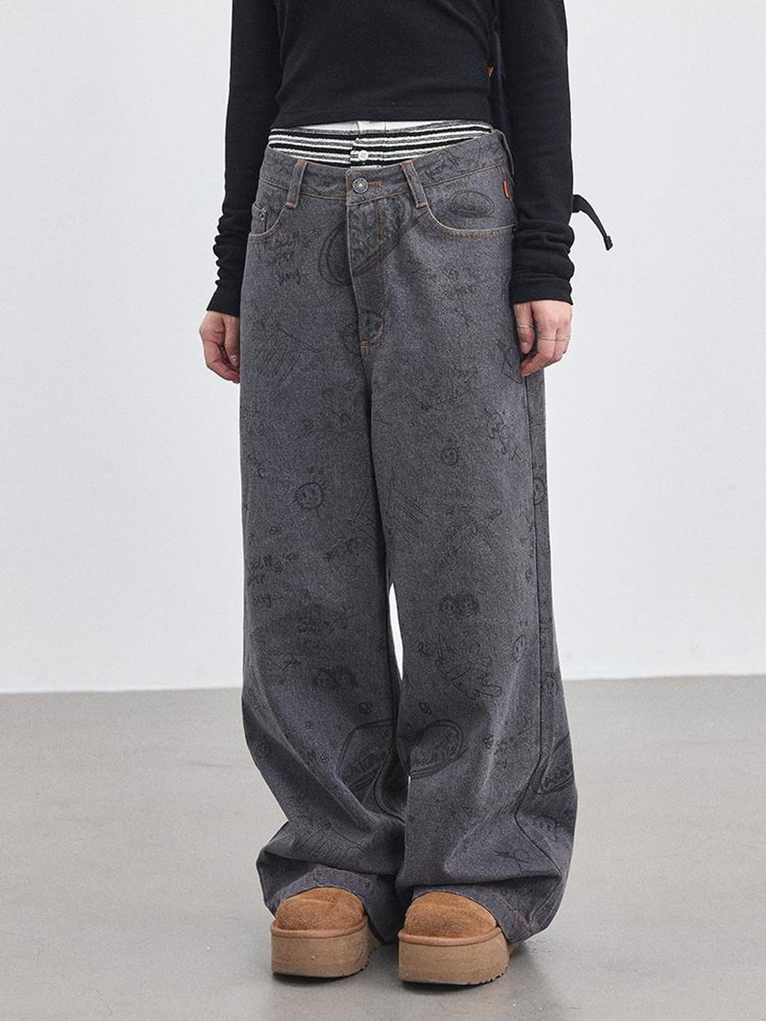 Achihara Relaxed Graffiti Jeans With Vintage Wash