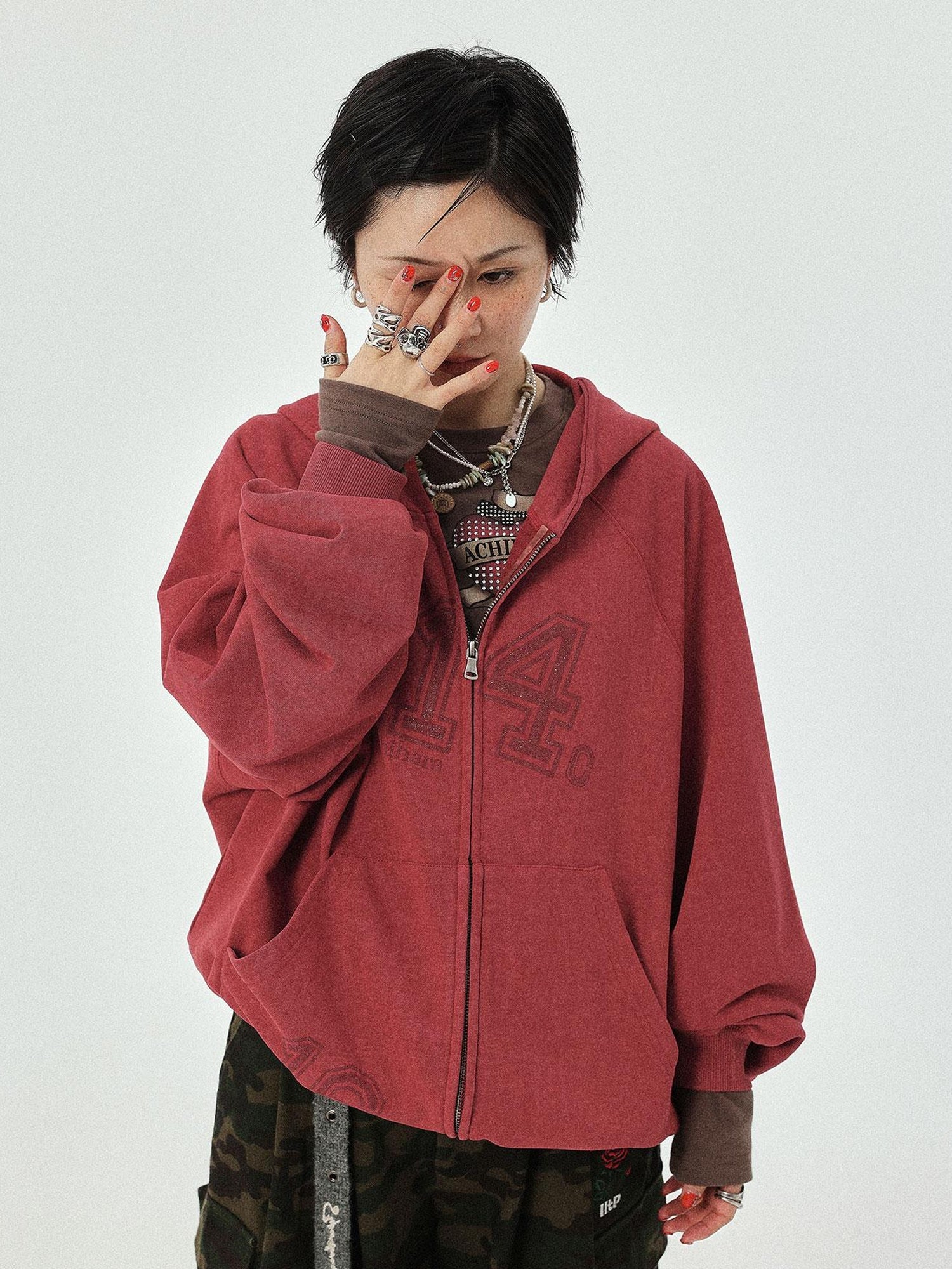 Achihara Renaissance Washed Hoodie V-Neck T-Shirt Long-Sleeve