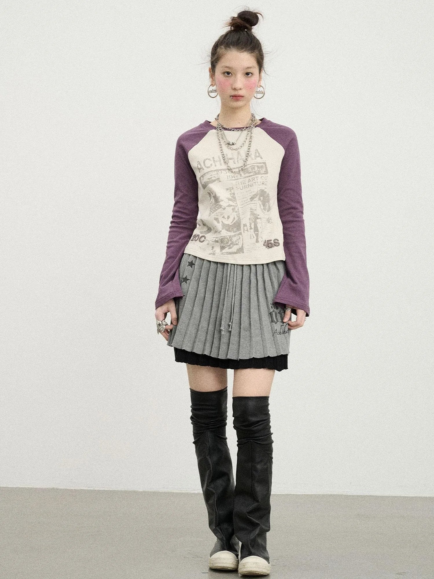 Retro Contrast Knit Tee V-Neck T-Shirt Long-Sleeve