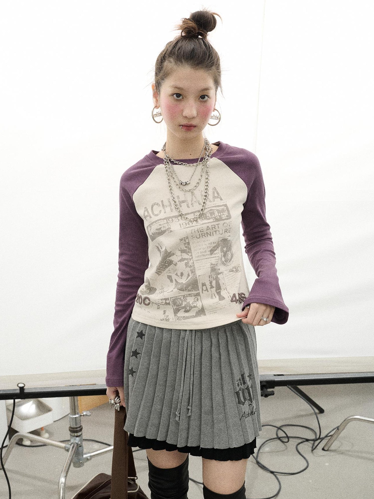Achihara Retro Contrast Knit Tee V-Neck T-Shirt Long-Sleeve
