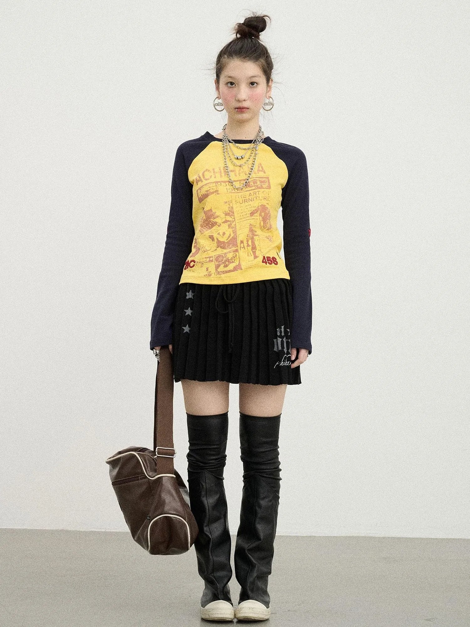 Retro Contrast Knit Tee V-Neck T-Shirt Long-Sleeve