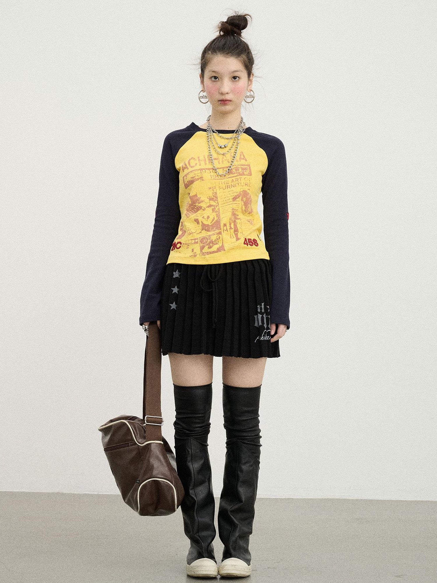 Achihara Retro Contrast Knit Tee V-Neck T-Shirt Long-Sleeve
