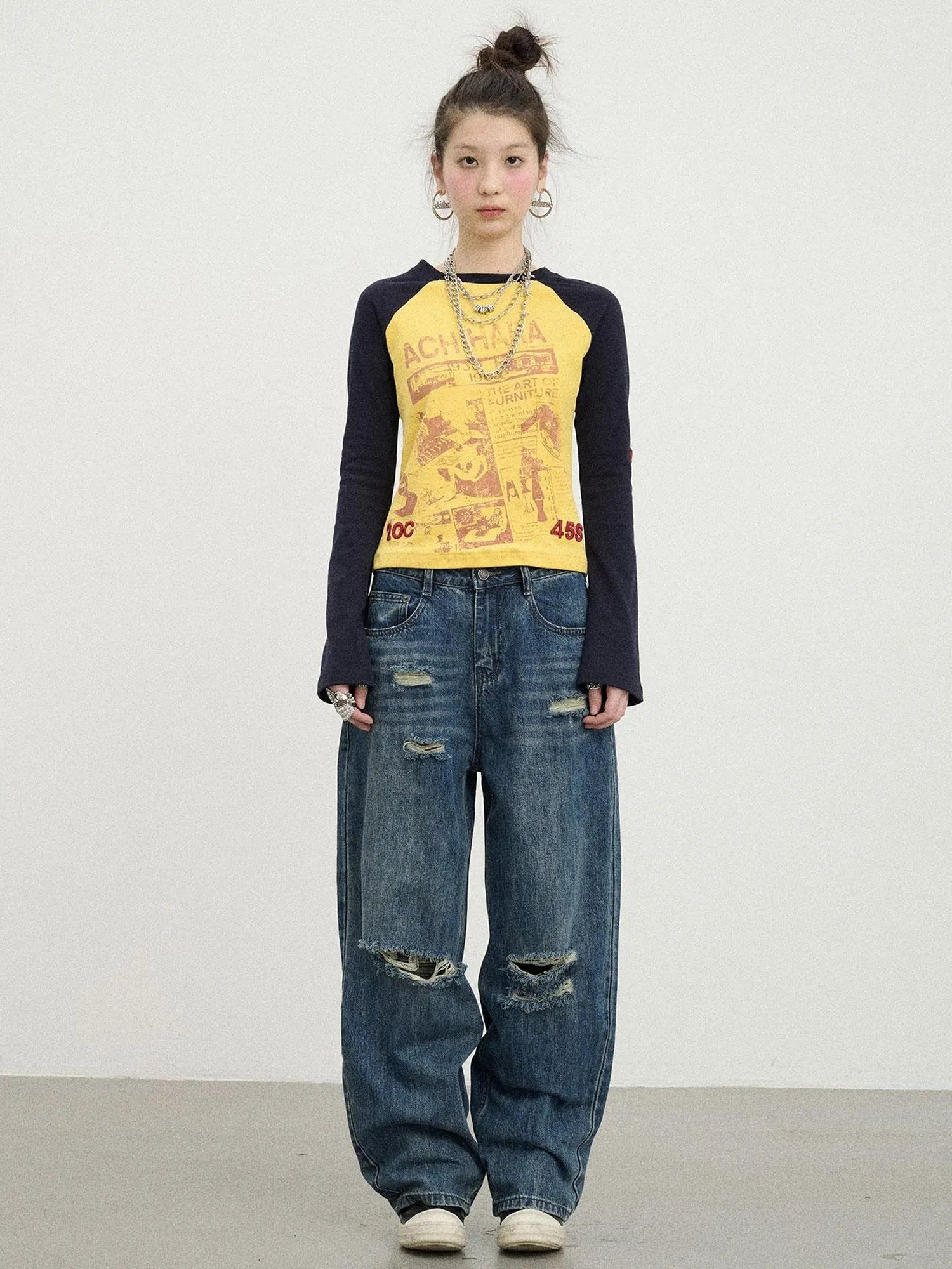 Retro Contrast Knit Tee V-Neck T-Shirt Long-Sleeve