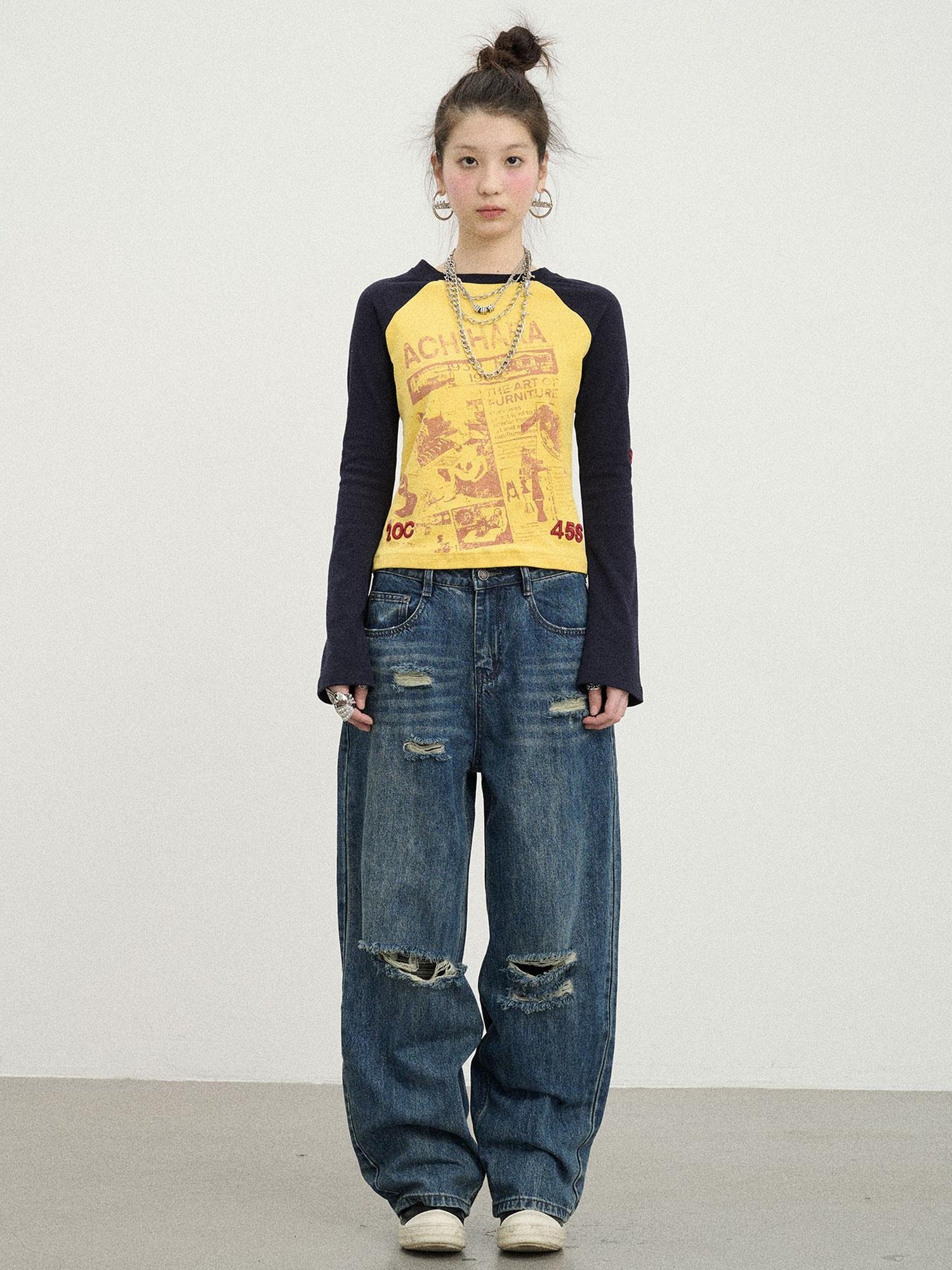 Achihara Retro Contrast Knit Tee V-Neck T-Shirt Long-Sleeve