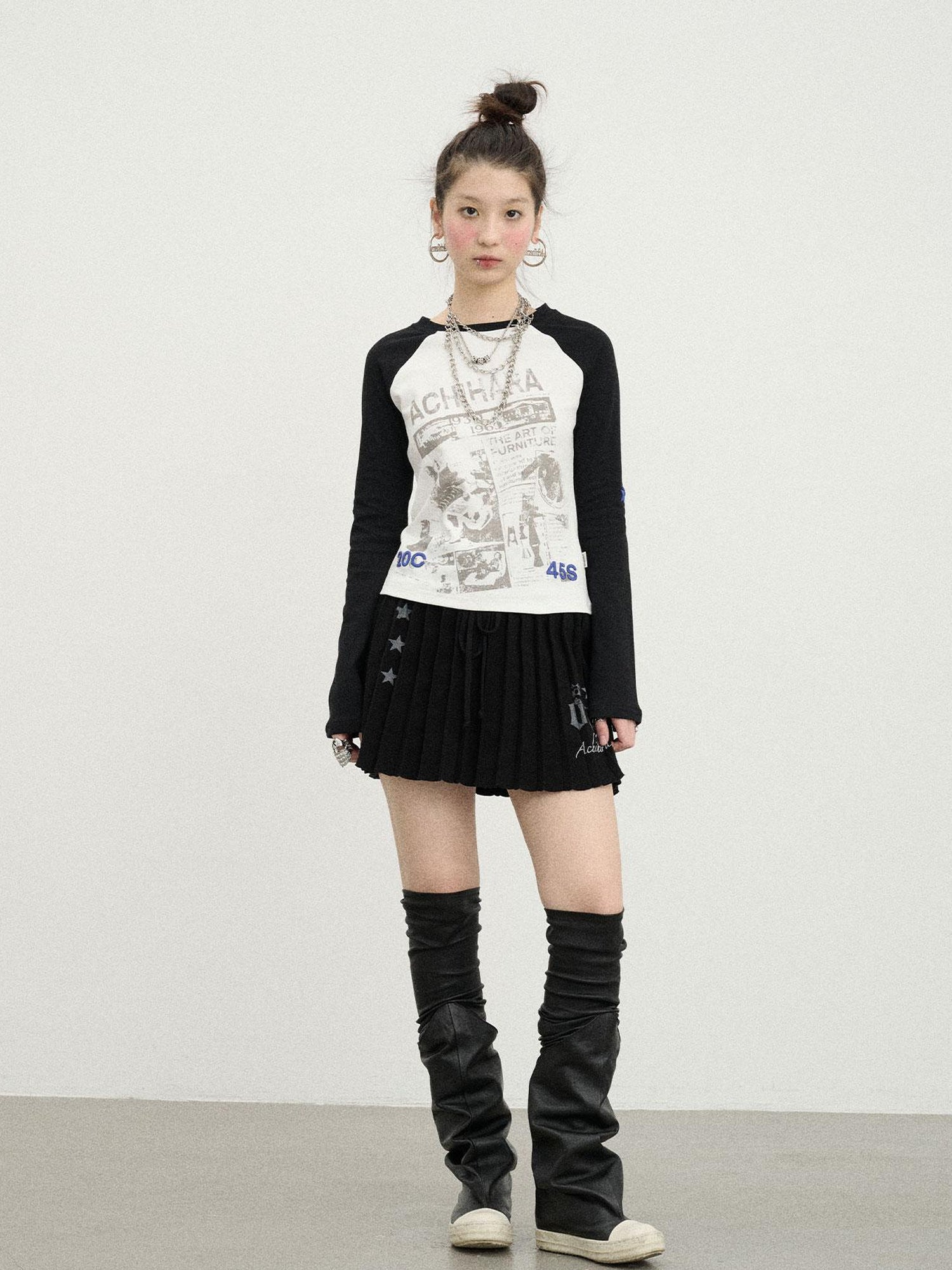 Achihara Retro Contrast Knit Tee V-Neck T-Shirt Long-Sleeve