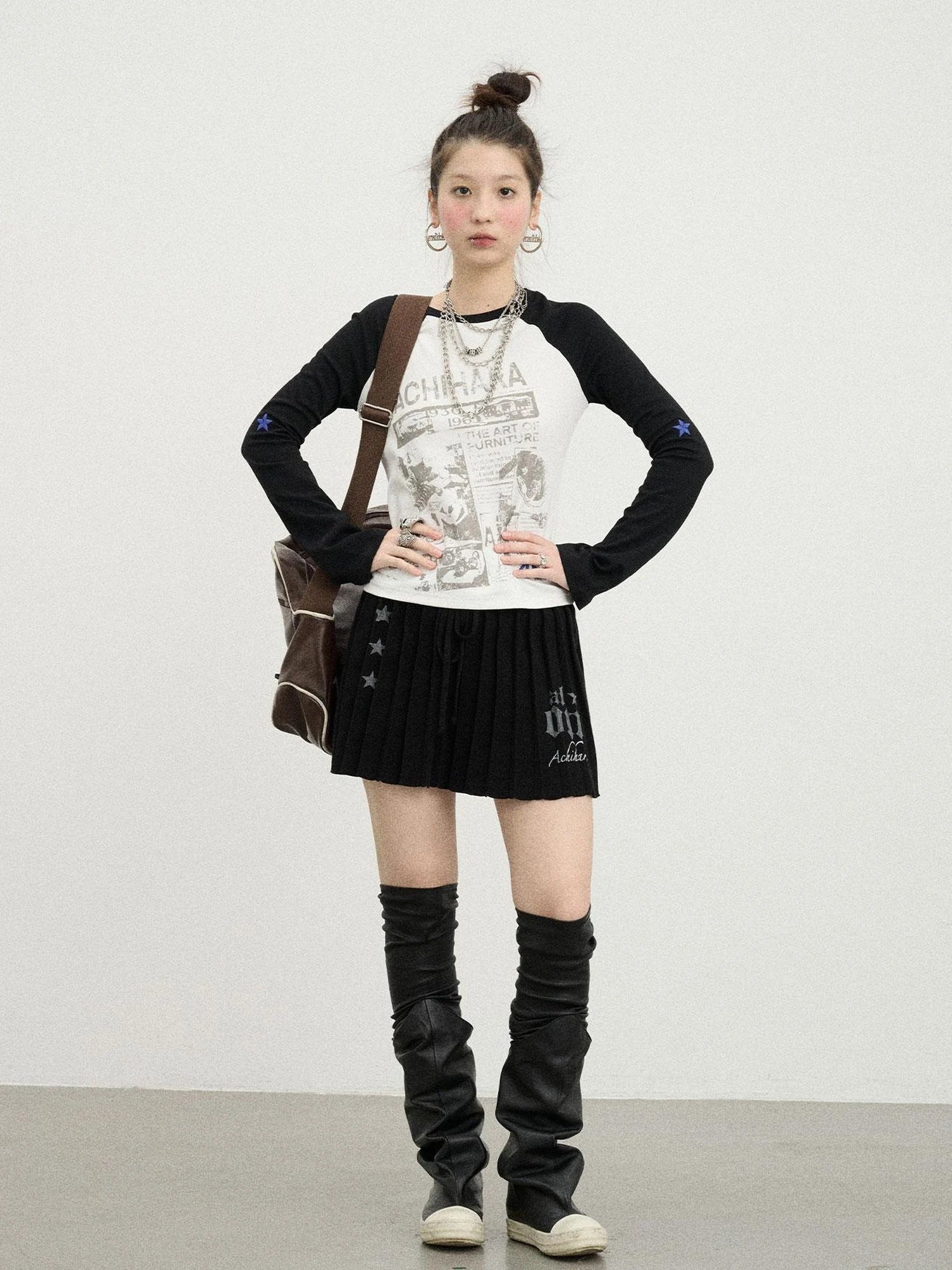 Retro Contrast Knit Tee V-Neck T-Shirt Long-Sleeve