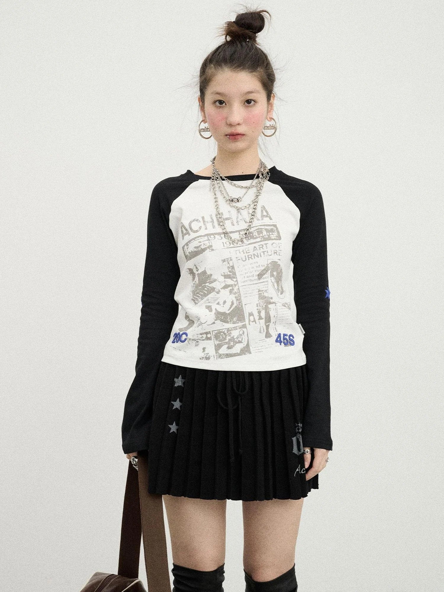 Retro Contrast Knit Tee V-Neck T-Shirt Long-Sleeve