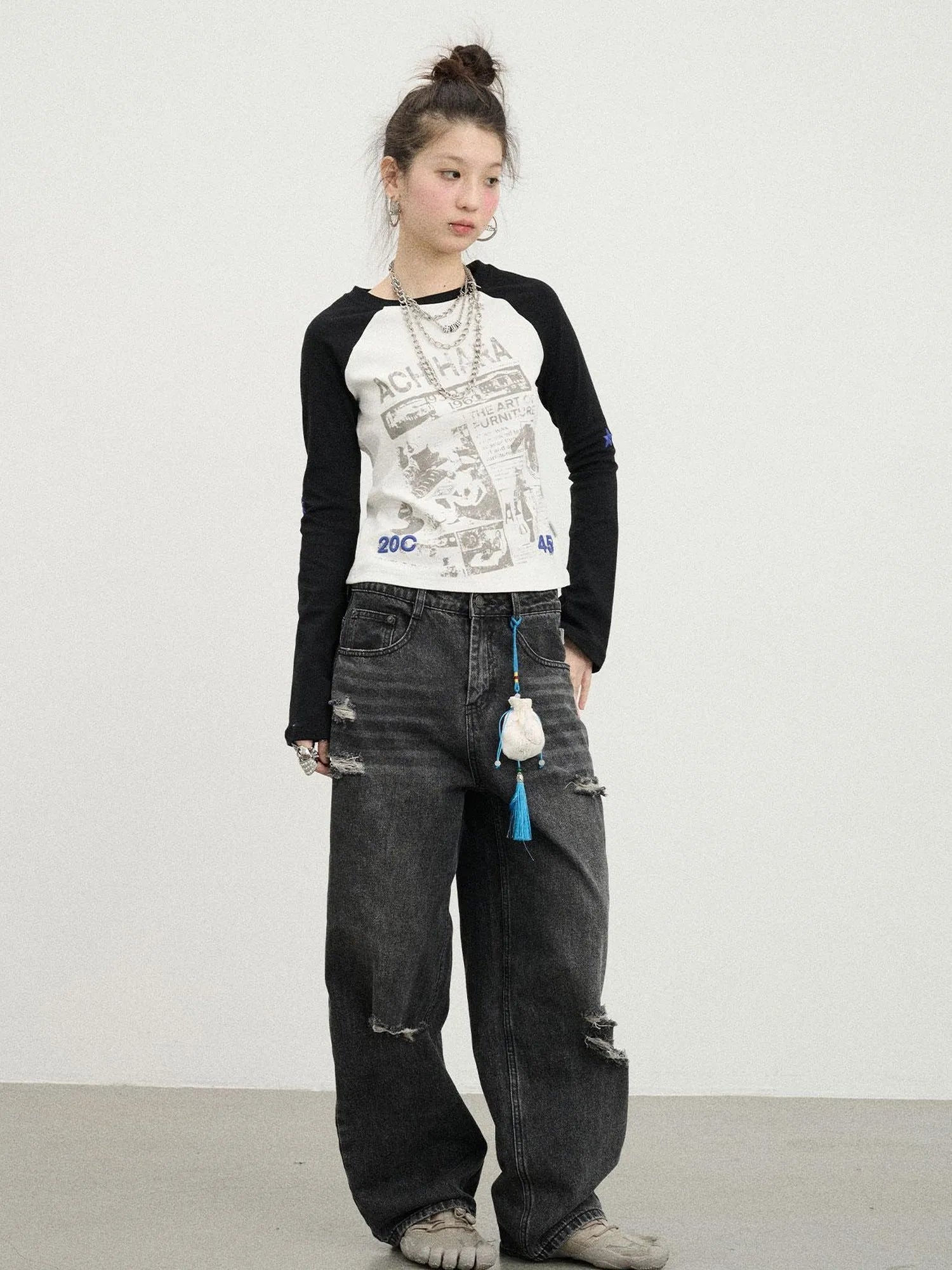 Retro Contrast Knit Tee V-Neck T-Shirt Long-Sleeve