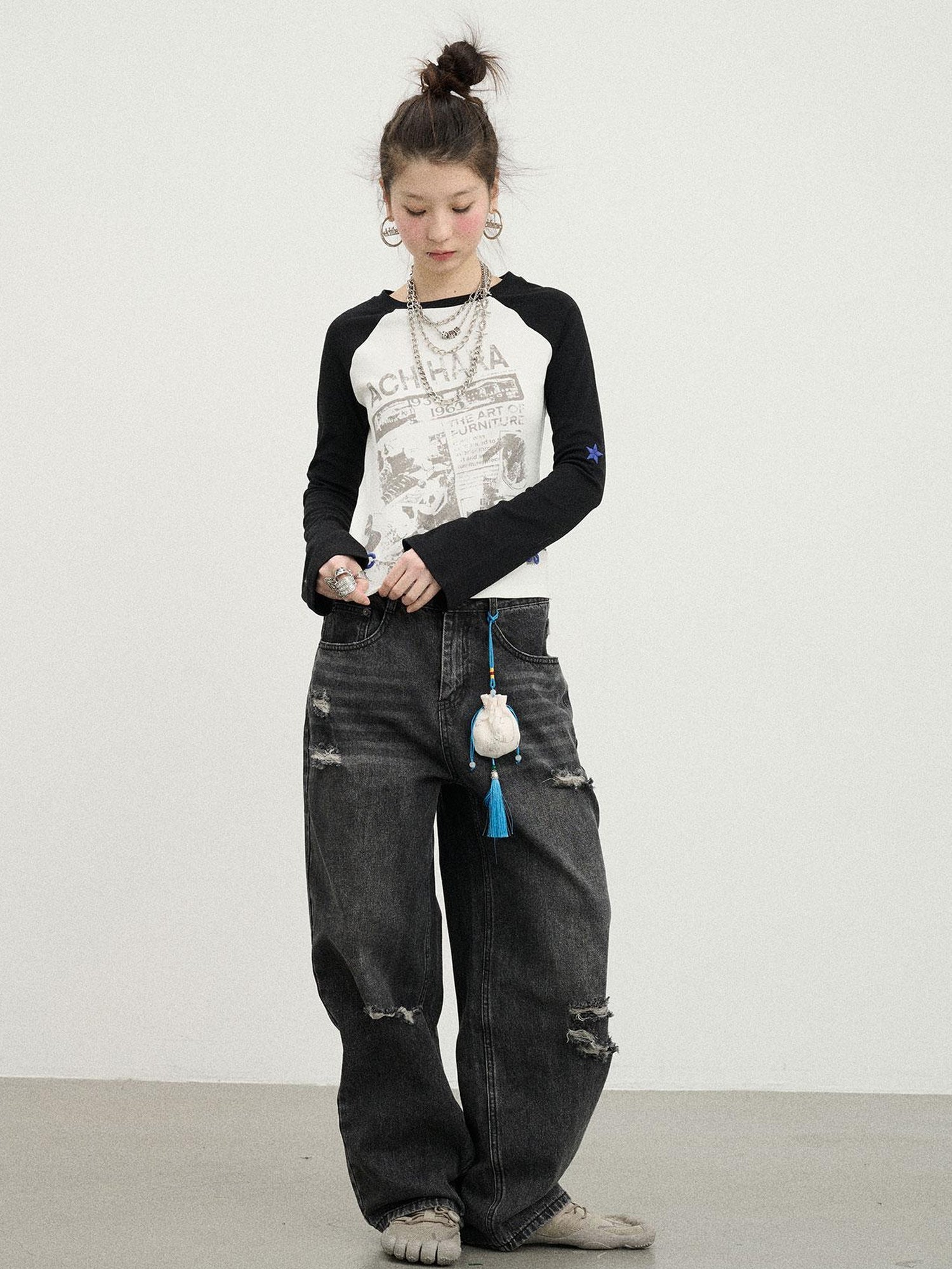 Achihara Retro Contrast Knit Tee V-Neck T-Shirt Long-Sleeve