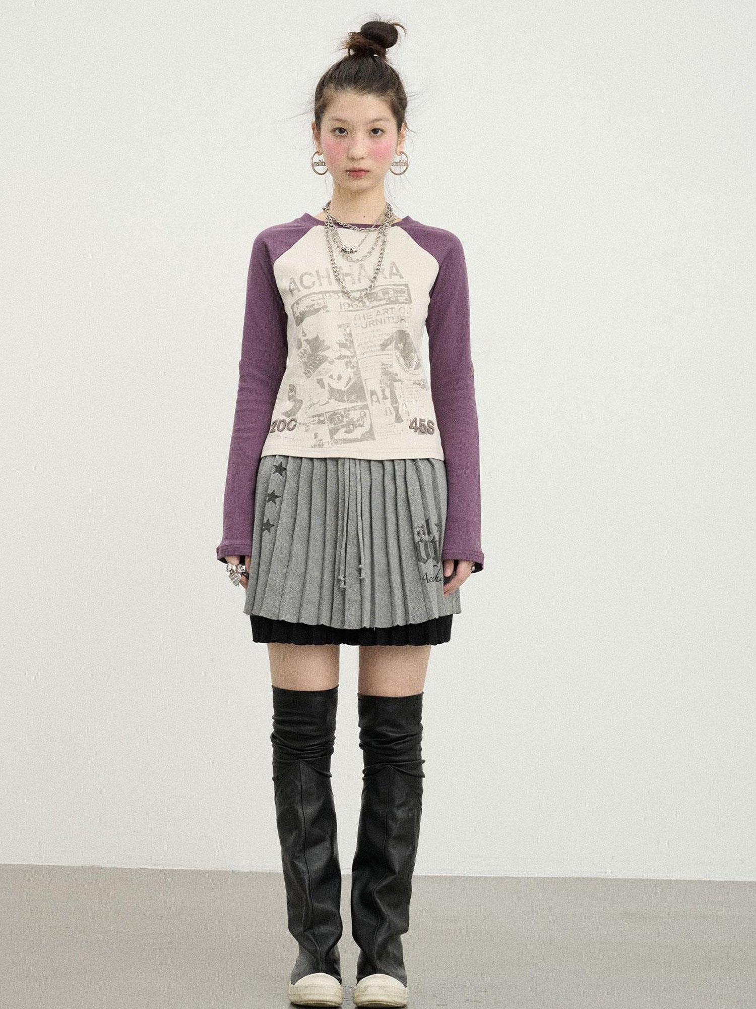 Achihara Retro Contrast Knit Tee V-Neck T-Shirt Long-Sleeve