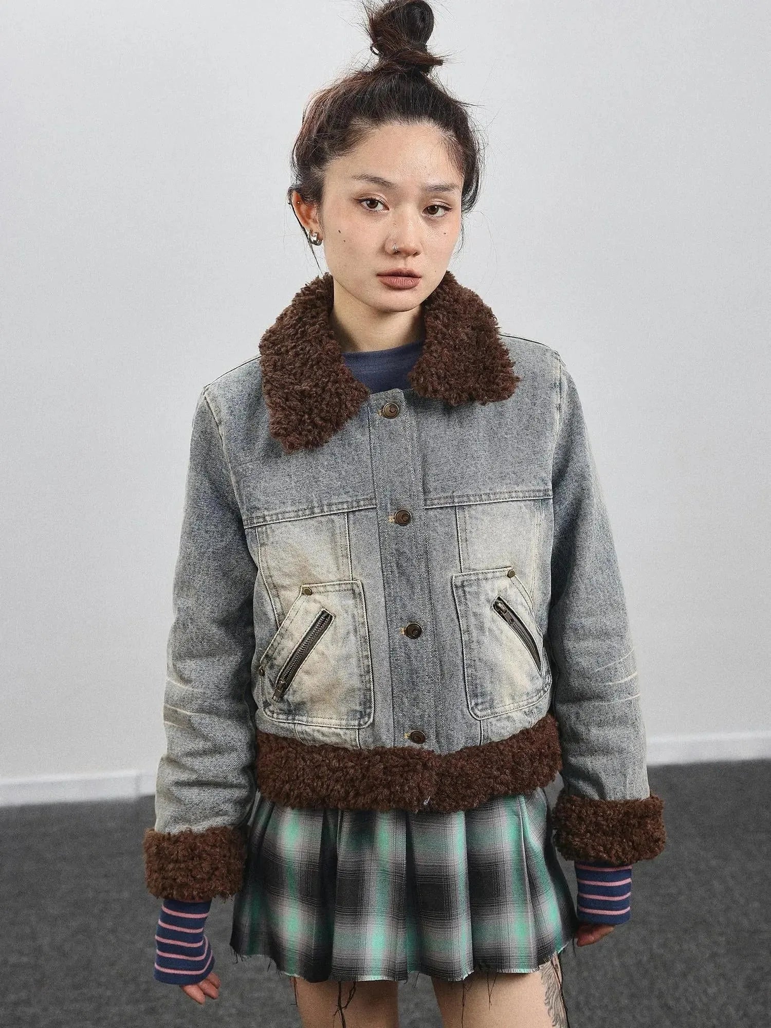 Retro Denim Trimmed Wool Blend Coat