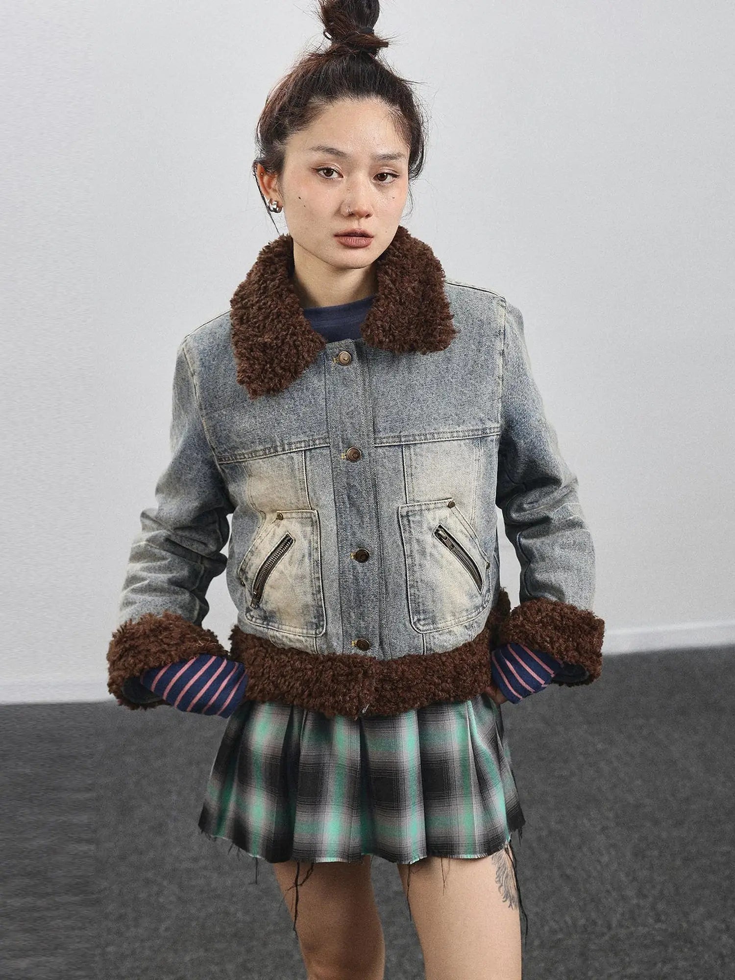 Retro Denim Trimmed Wool Blend Coat
