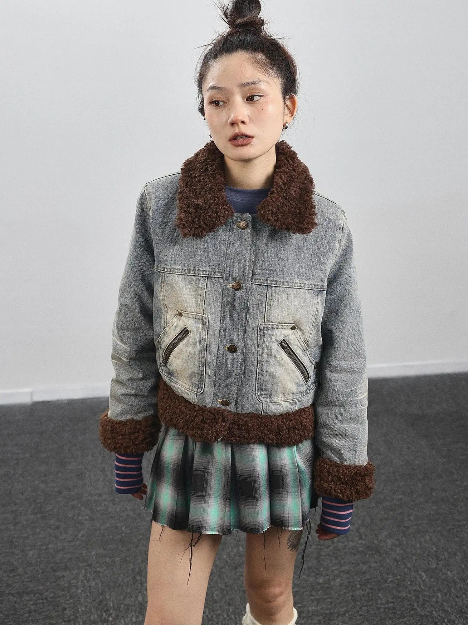 Retro Denim Trimmed Wool Blend Coat