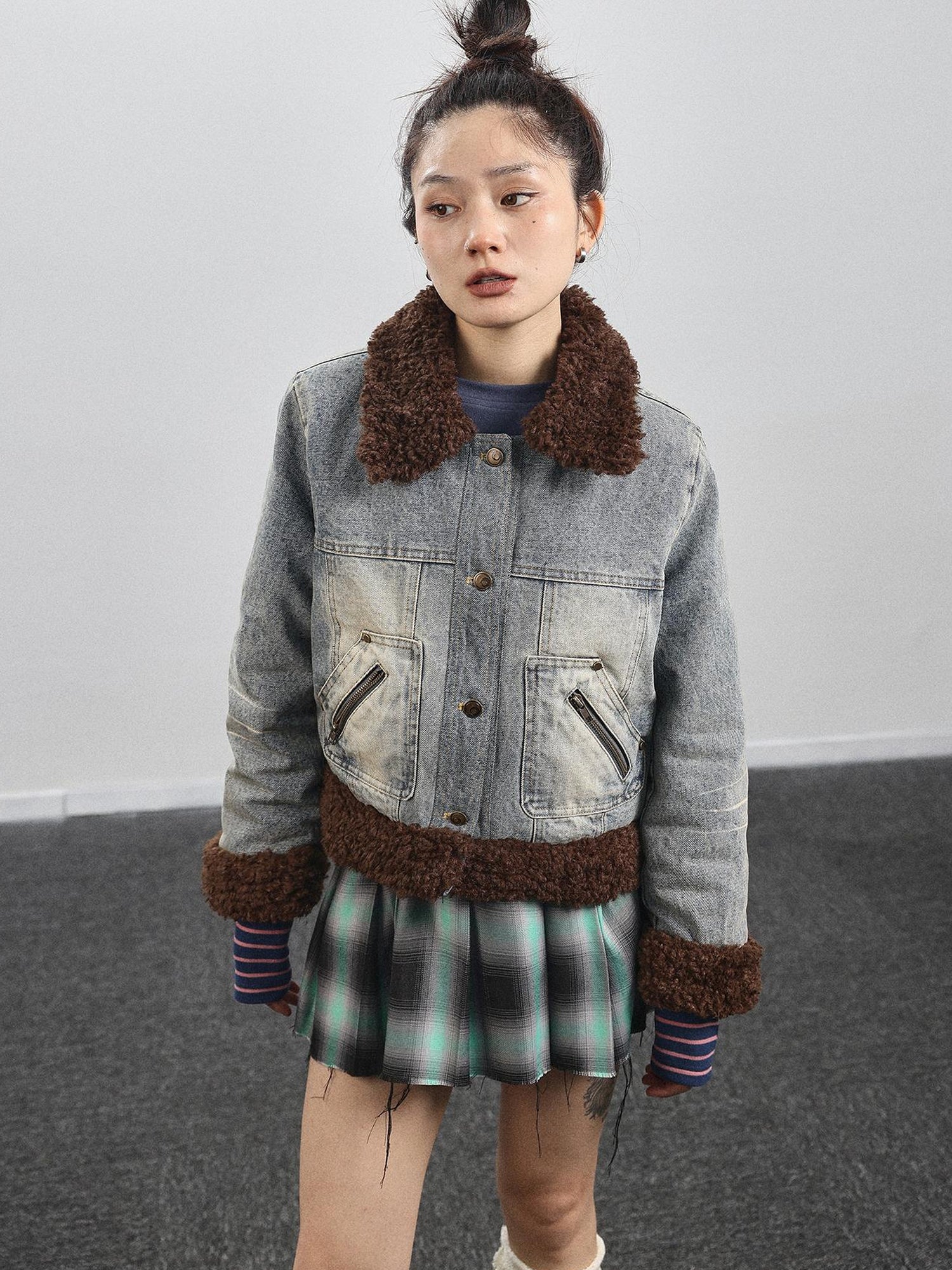Achihara Retro Denim Trimmed Wool Blend Coat