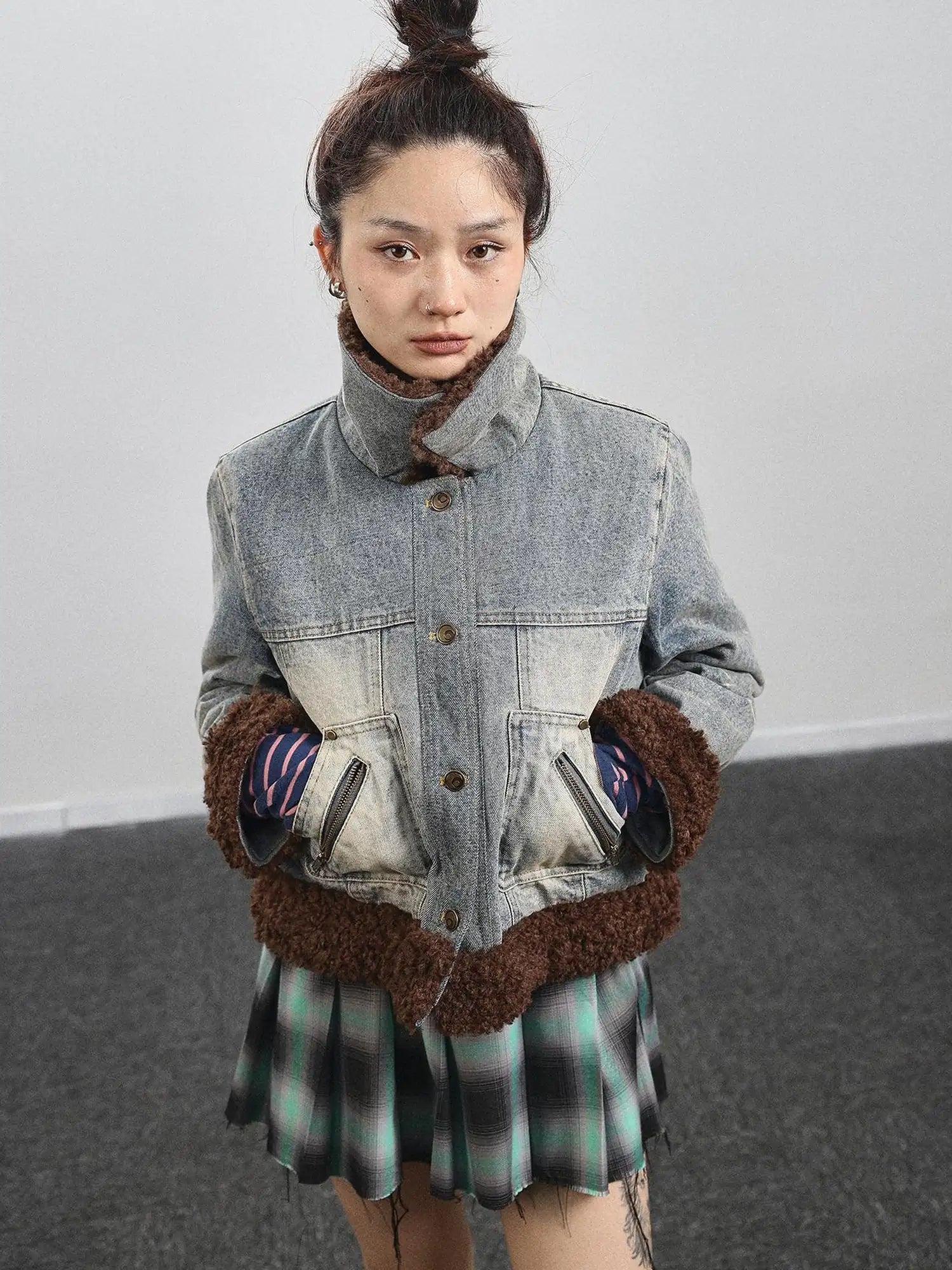 Retro Denim Trimmed Wool Blend Coat