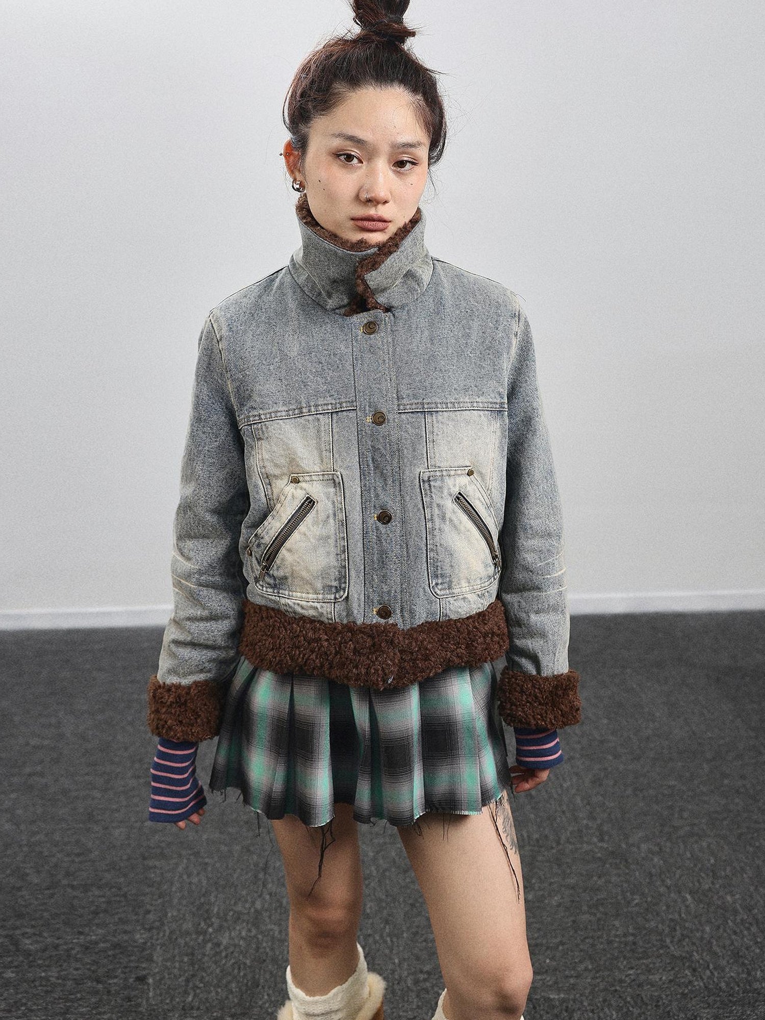 Achihara Retro Denim Trimmed Wool Blend Coat
