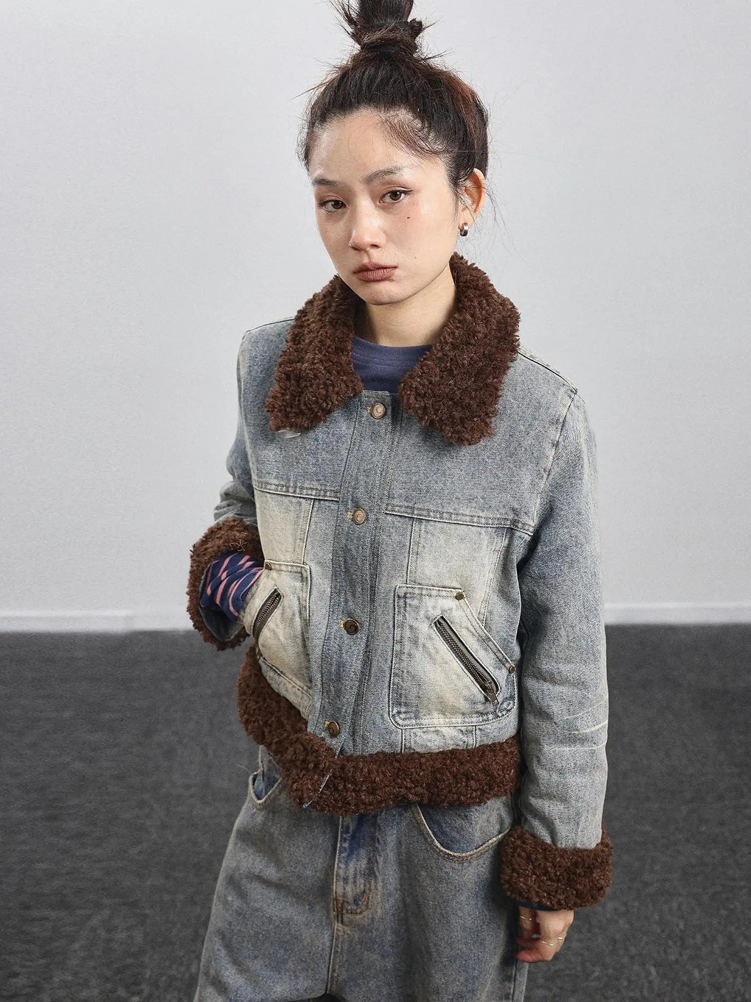 Retro Denim Trimmed Wool Blend Coat