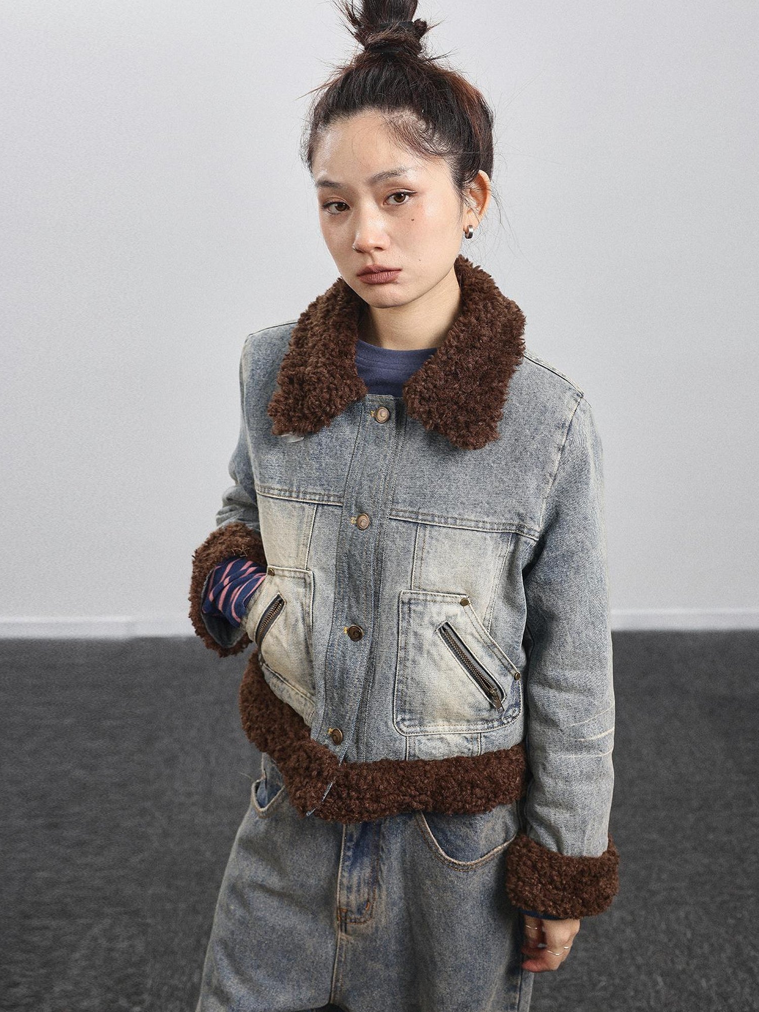 Achihara Retro Denim Trimmed Wool Blend Coat