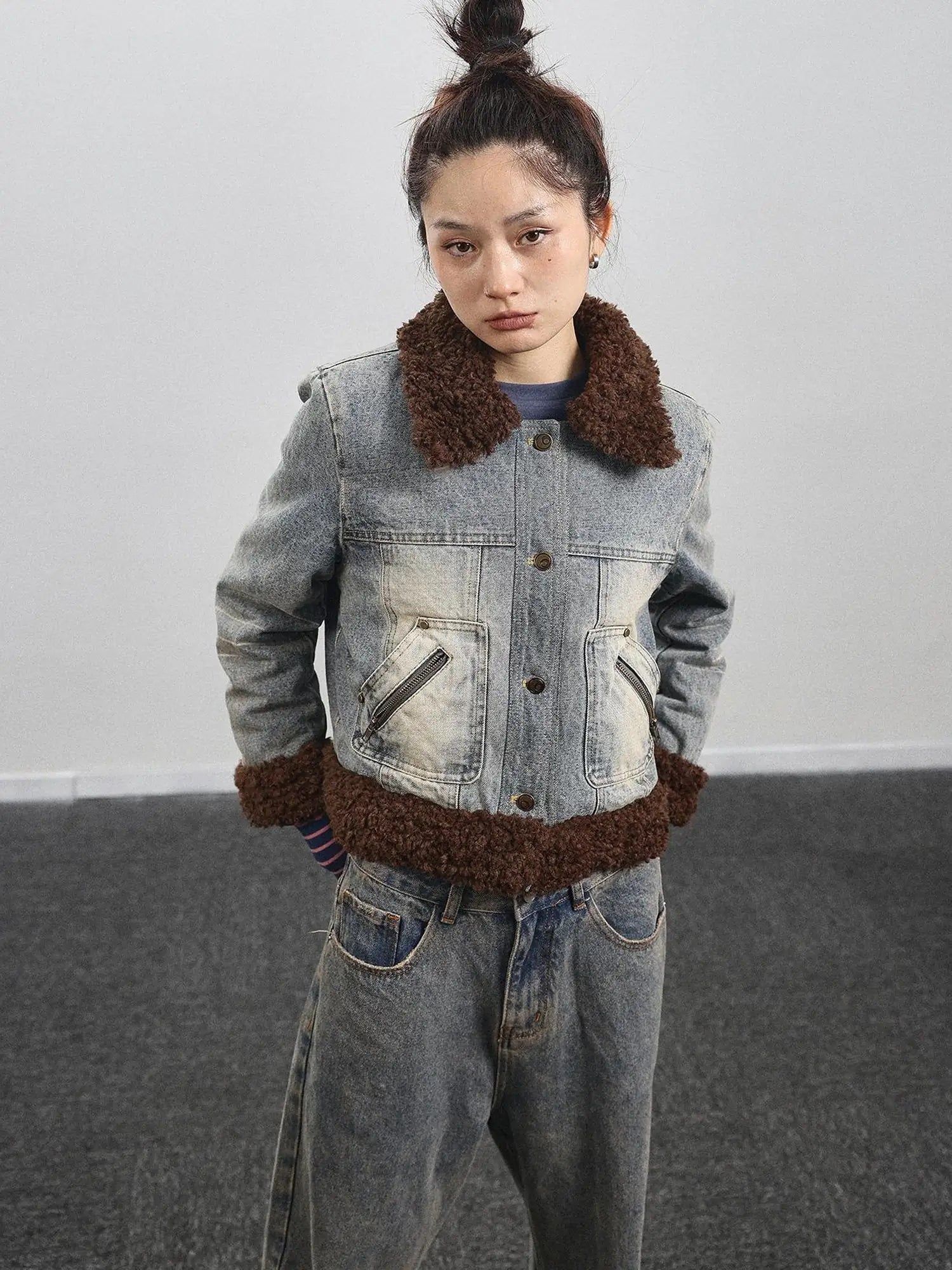 Retro Denim Trimmed Wool Blend Coat