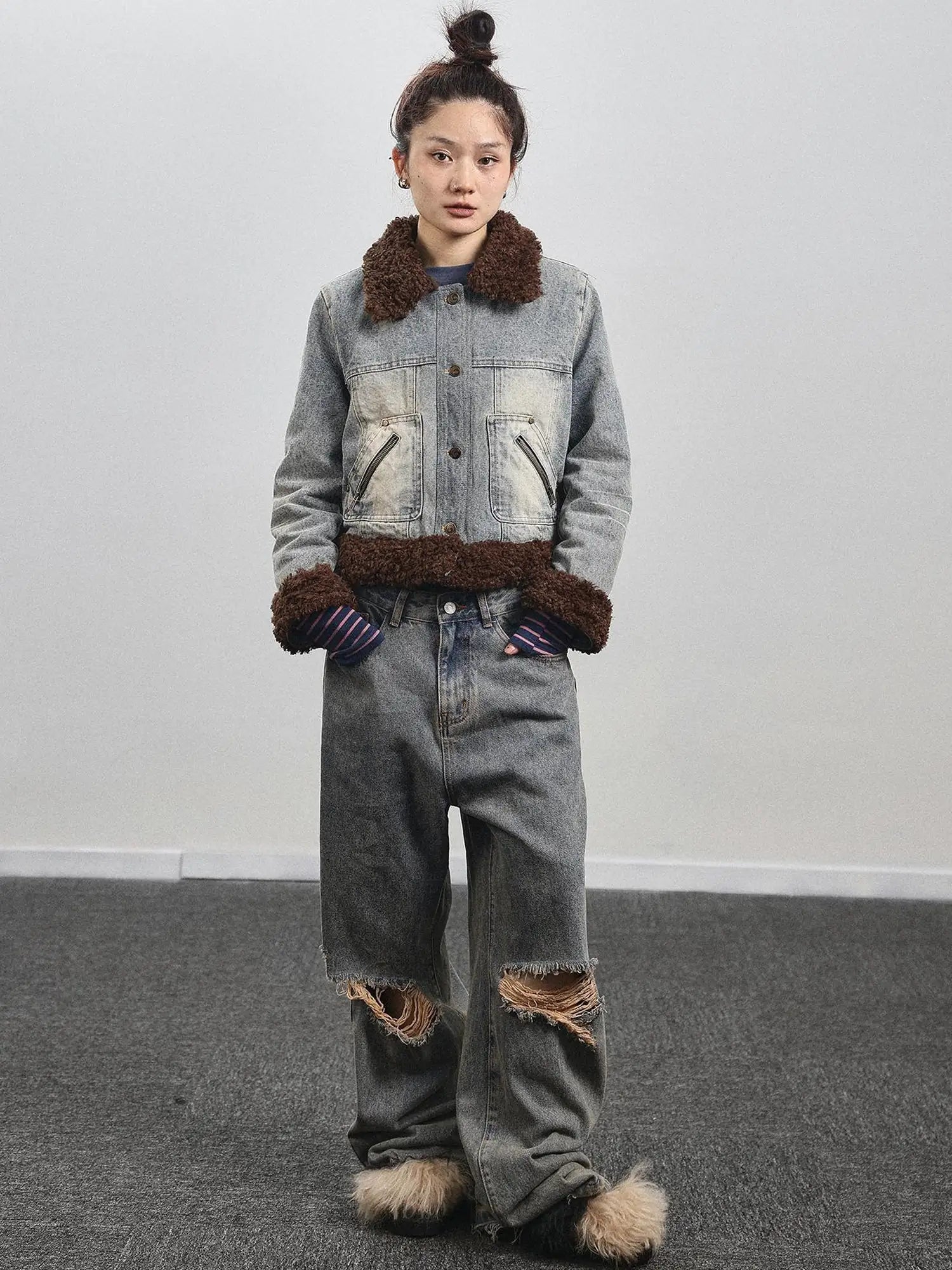 Retro Denim Trimmed Wool Blend Coat