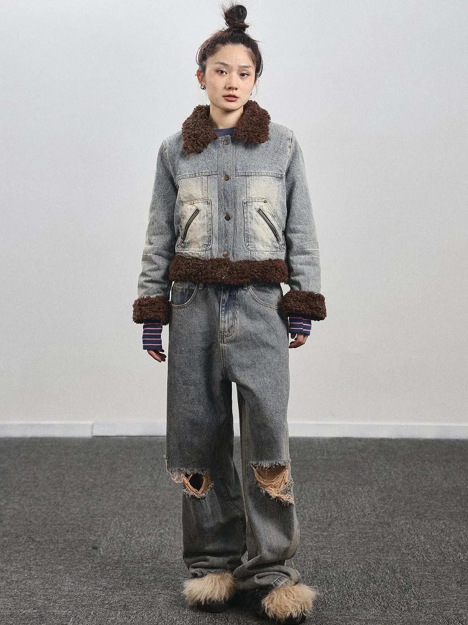 Retro Denim Trimmed Wool Blend Coat