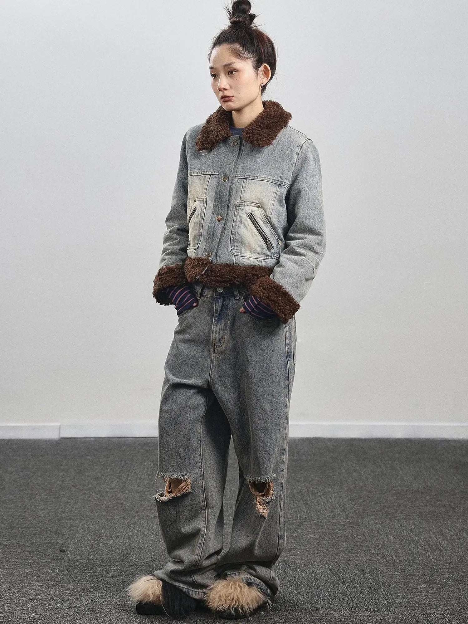 Retro Denim Trimmed Wool Blend Coat