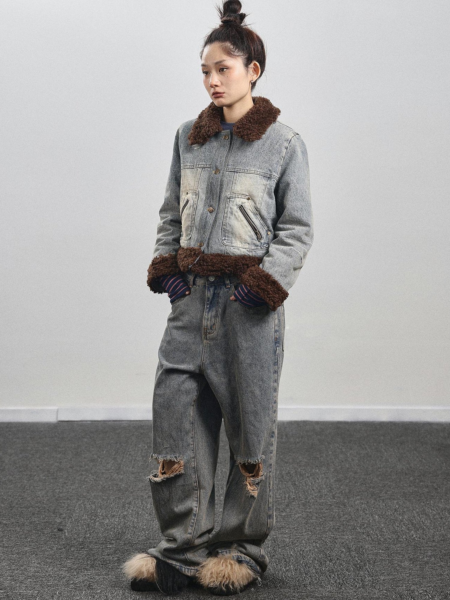 Achihara Retro Denim Trimmed Wool Blend Coat