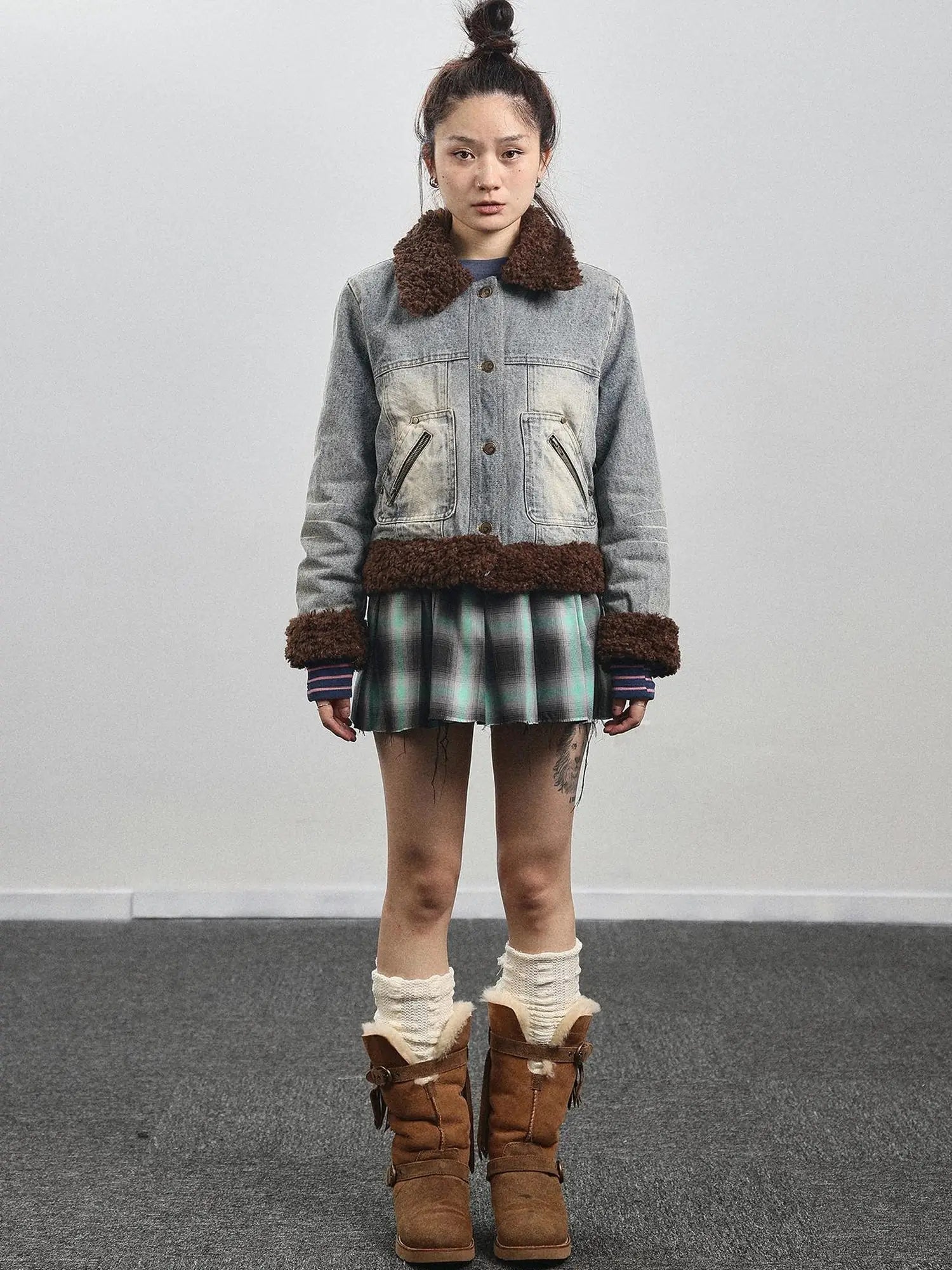 Retro Denim Trimmed Wool Blend Coat