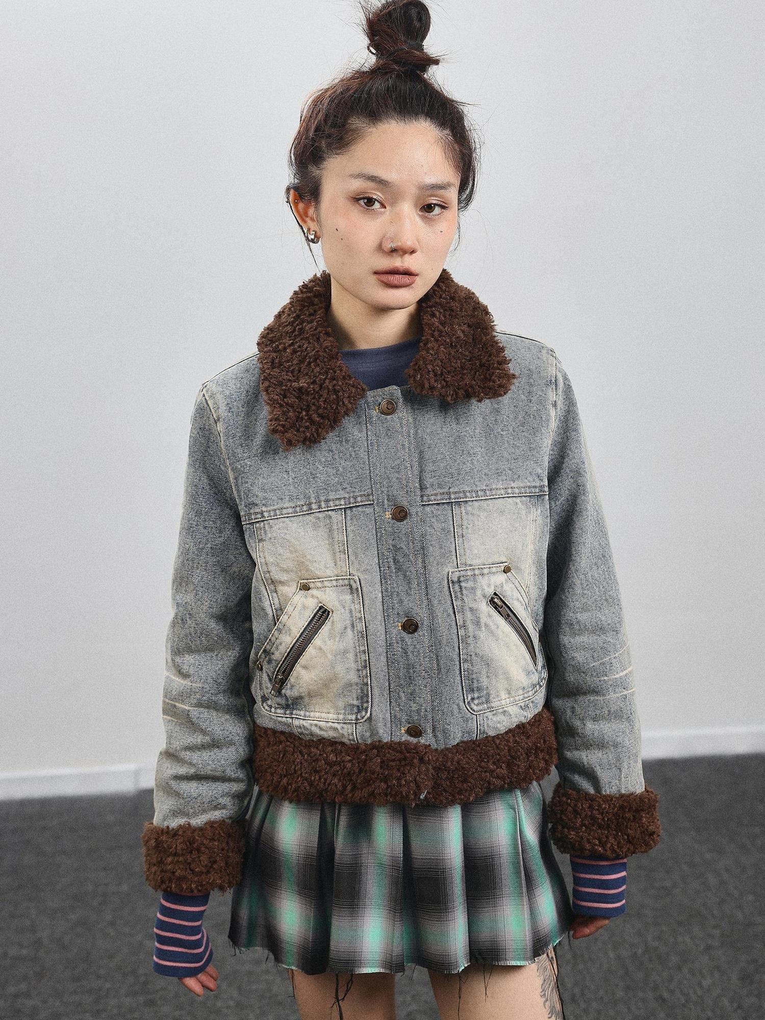Achihara Retro Denim Trimmed Wool Blend Coat