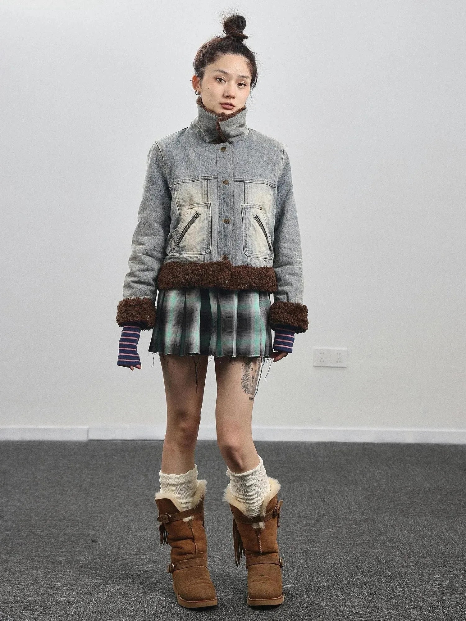 Retro Denim Trimmed Wool Blend Coat