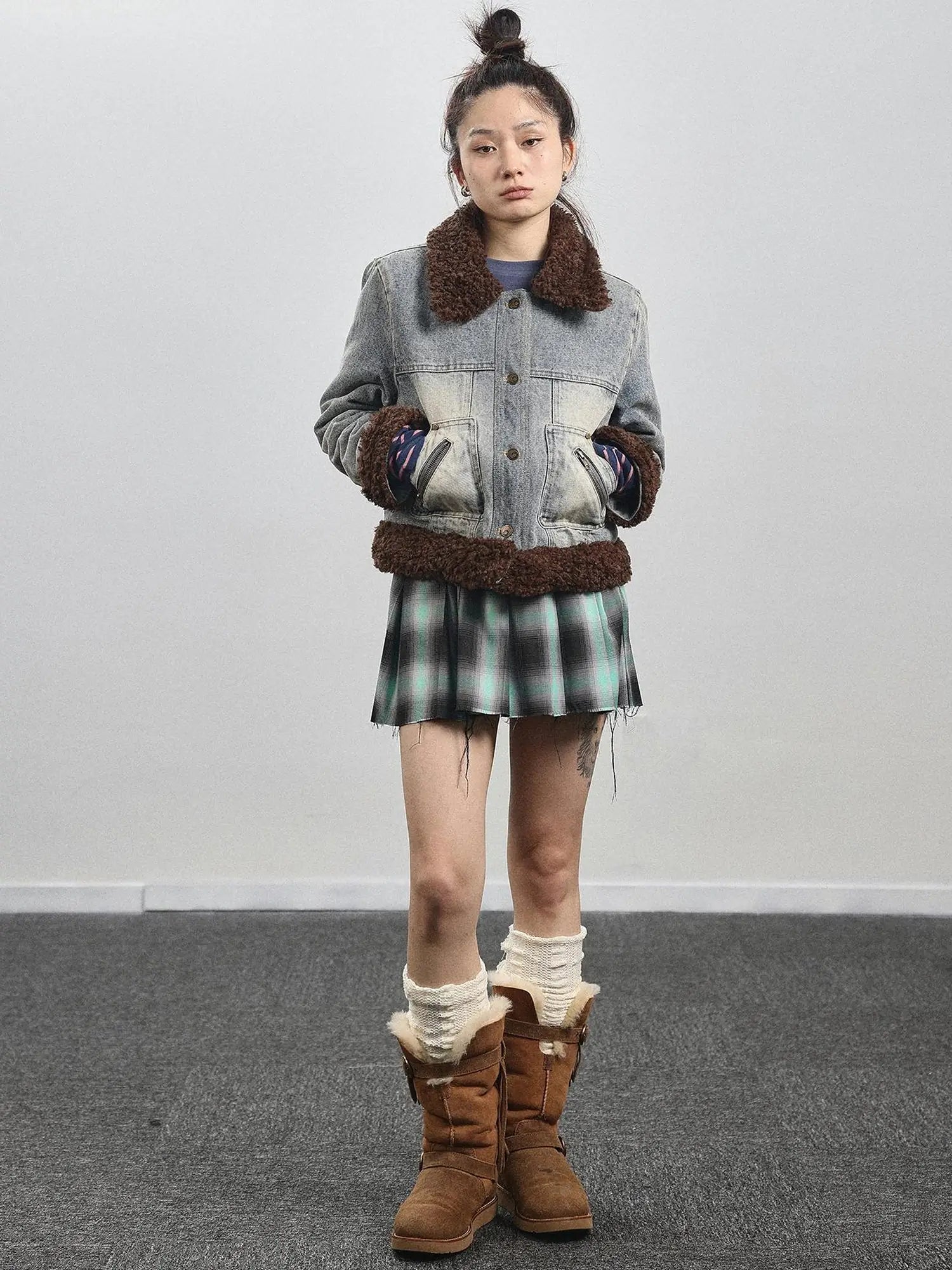 Retro Denim Trimmed Wool Blend Coat