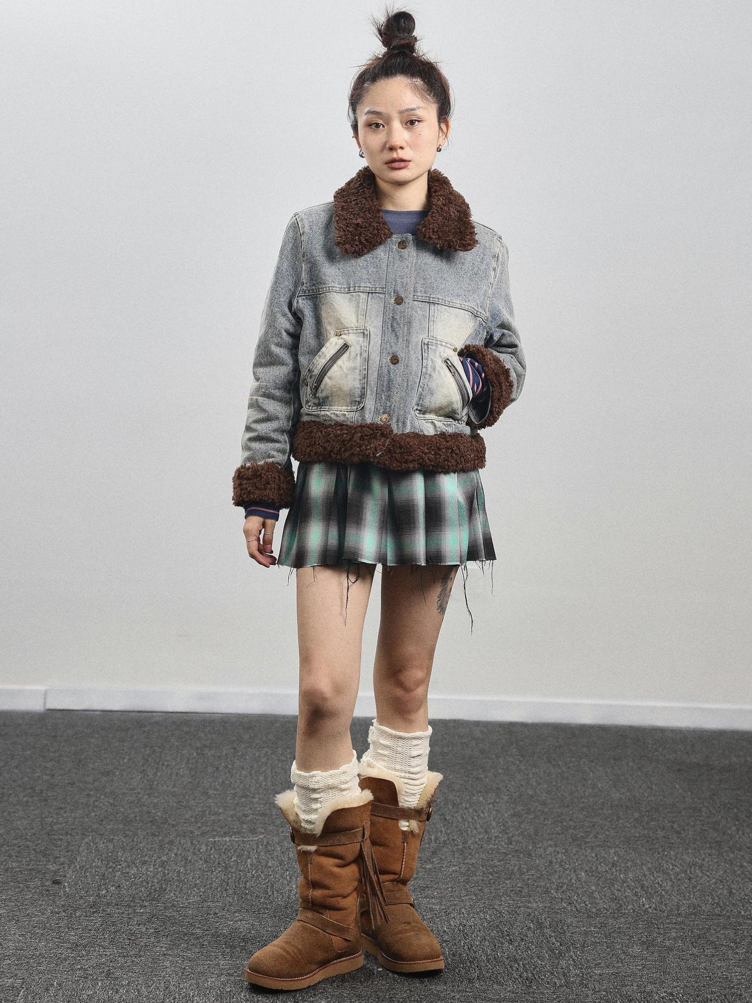 Achihara Retro Denim Trimmed Wool Blend Coat