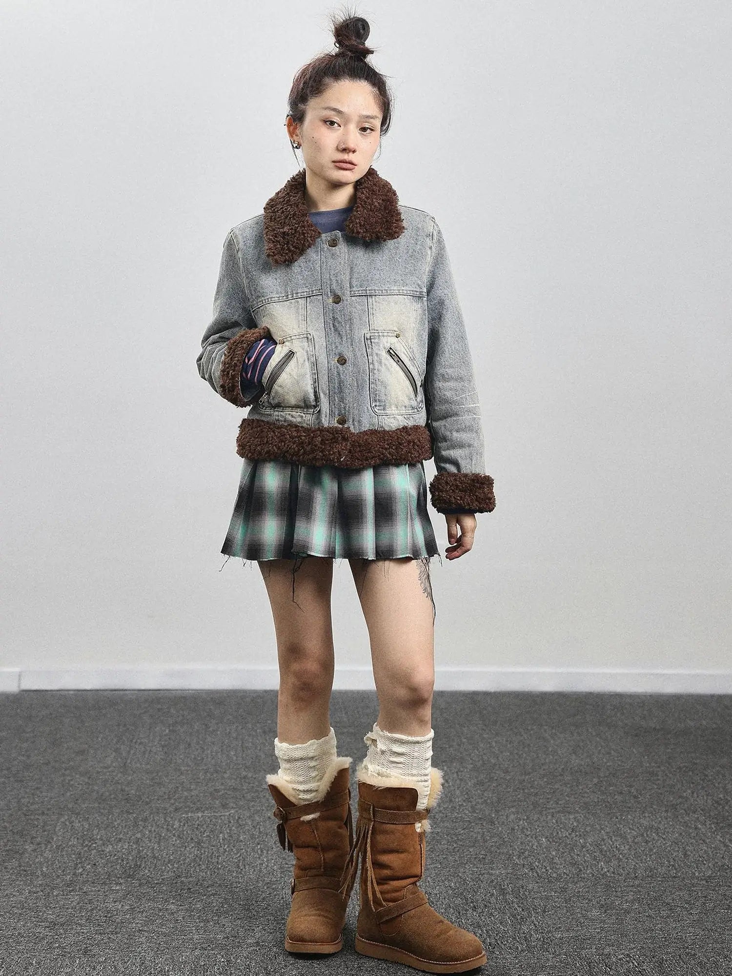 Retro Denim Trimmed Wool Blend Coat