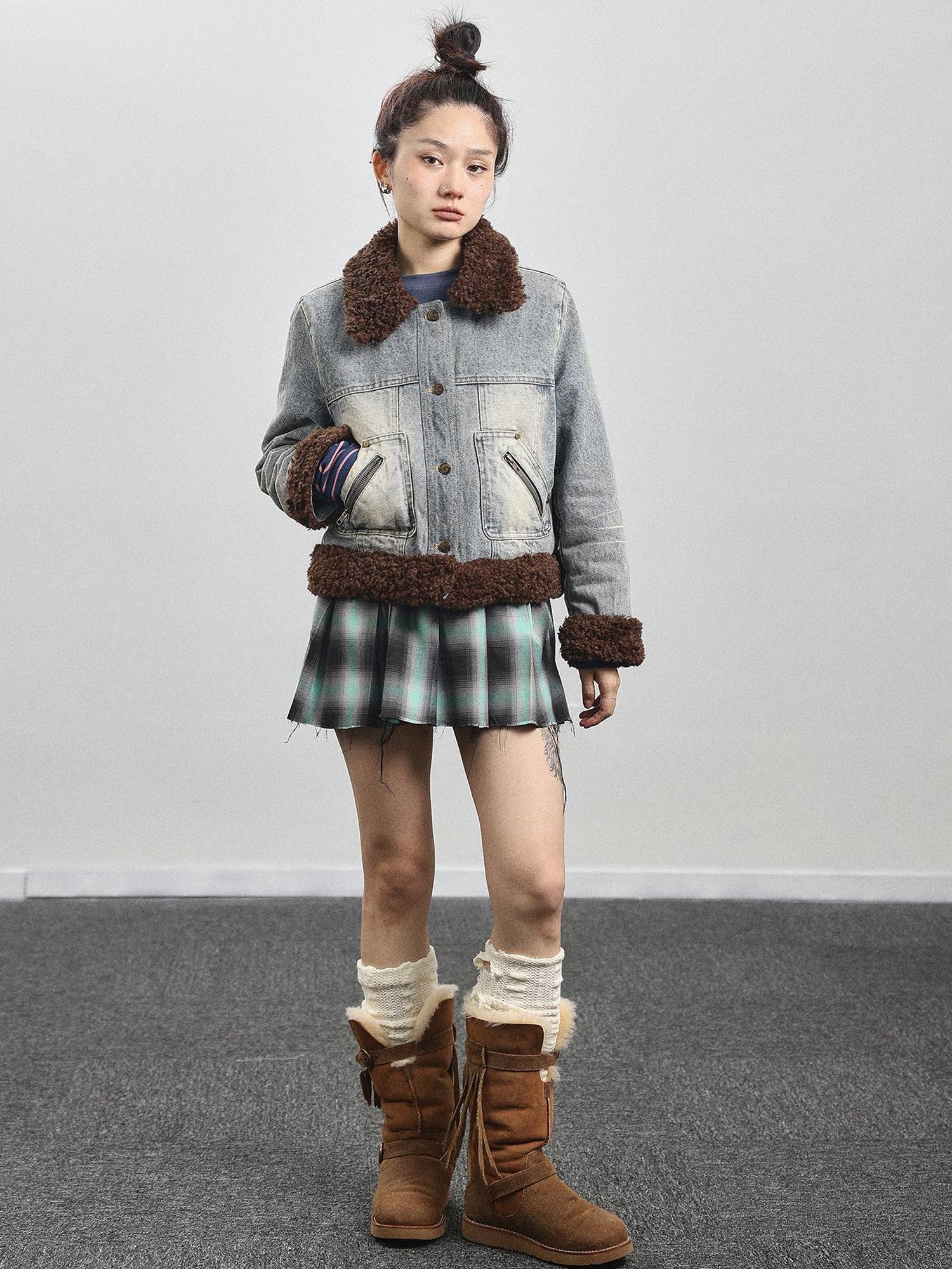 Achihara Retro Denim Trimmed Wool Blend Coat