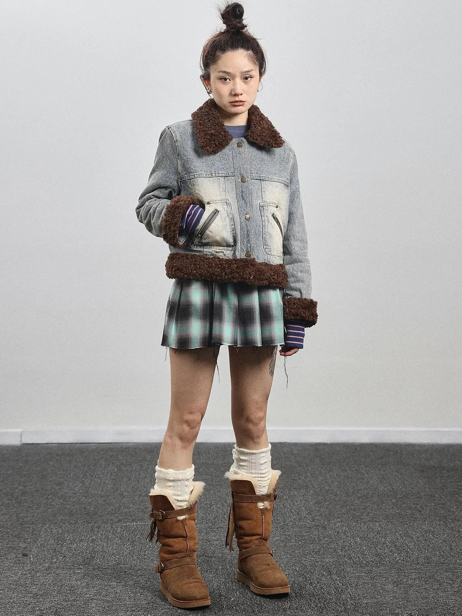 Retro Denim Trimmed Wool Blend Coat