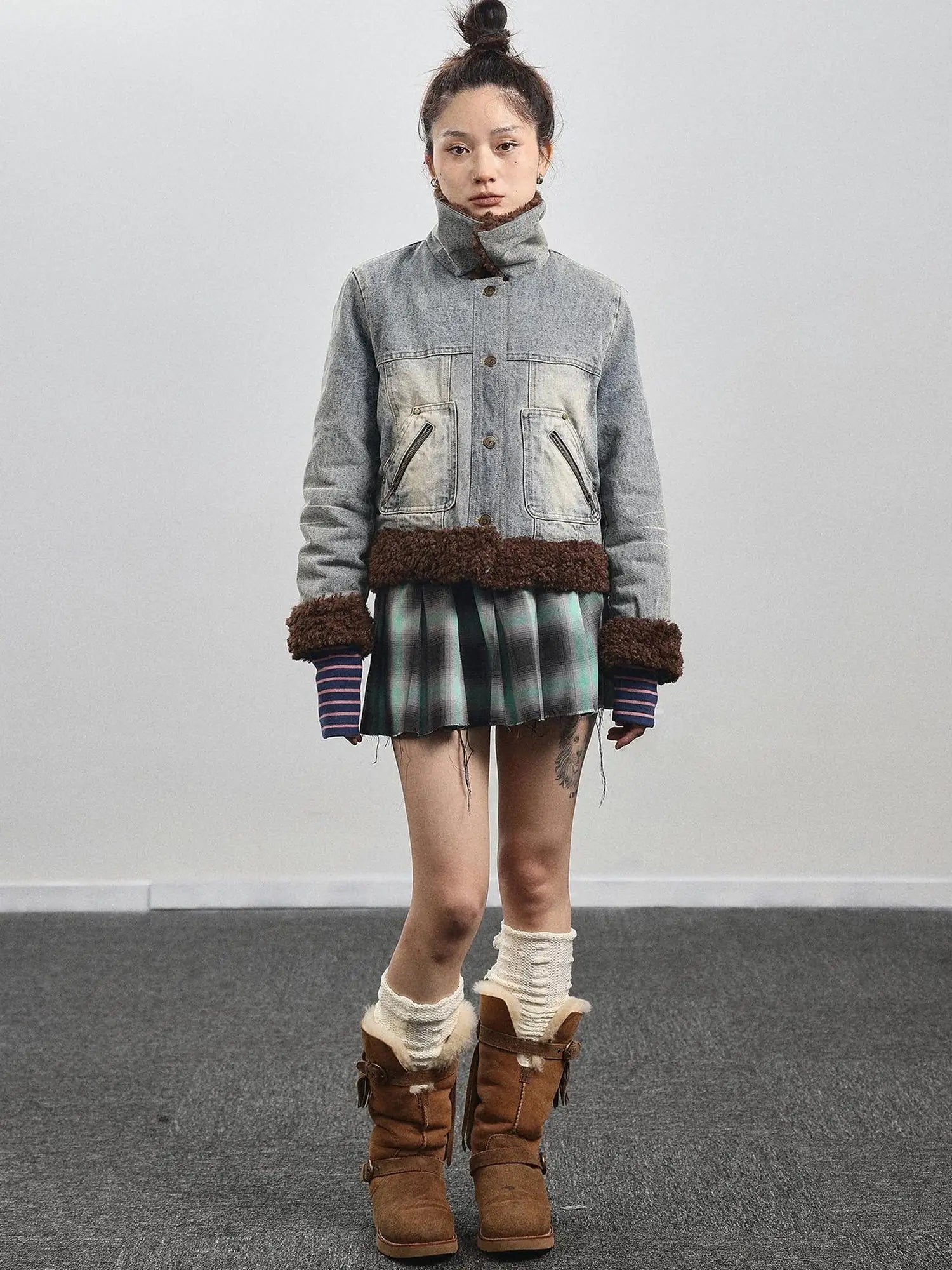 Retro Denim Trimmed Wool Blend Coat